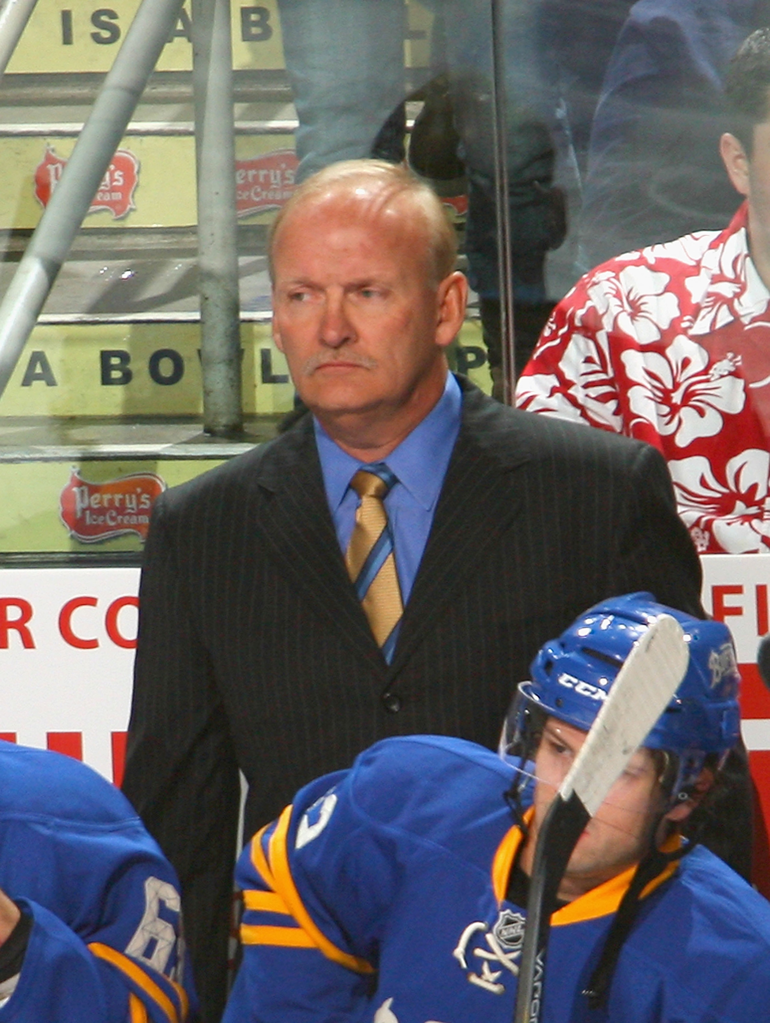BUFFALO, NY - OCTOBER 09: Lindy Ruff, head coach  of the Buffalo Sabres stands on the bench during a time out against the New York Rangers at HSBC Arena on October 9, 2010 in Buffalo, New York. New York won 6-3. (Photo by Rick Stewart/Getty Images)