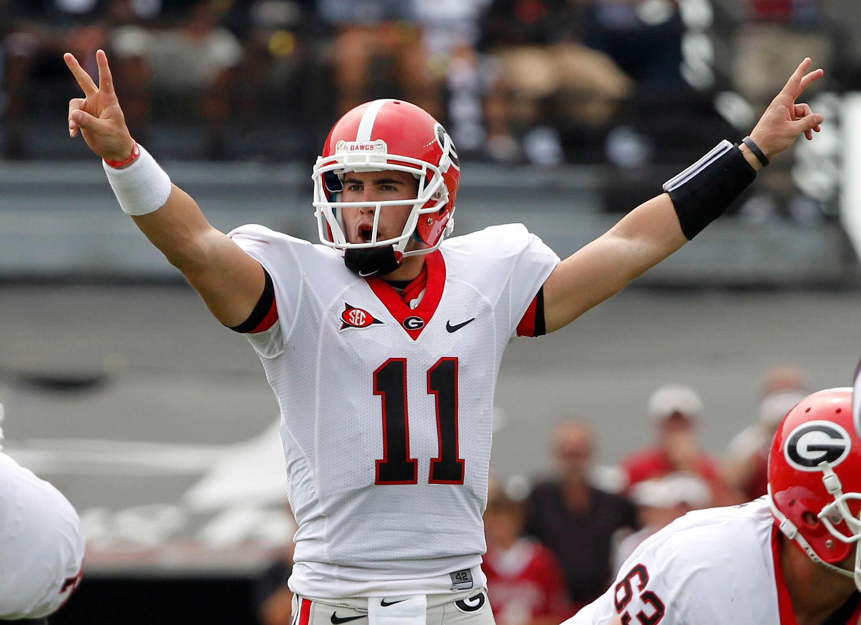 COLUMBIA - SEPTEMBER 11: Quarterback Aaron Murray #11 of the Georgia Bulldogs calls out a play during the game against the South Carolina Gamecocks at Williams-Brice Stadium on September 11, 2010 in Columbia, South Carolina. (Photo by Mike Zarrilli/Getty