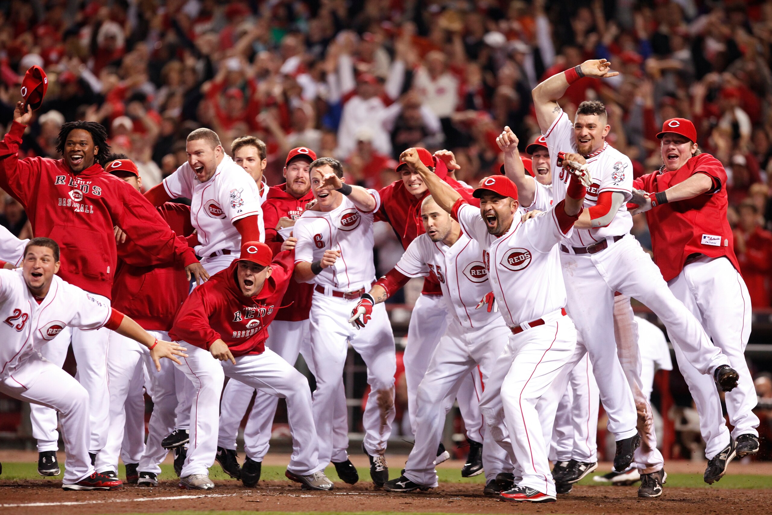 CINCINNATI, OH - SEPTEMBER 28: The Cincinnati Reds celebrate Jay Bruce's walk off home run against the Houston Astros at Great American Ball Park on September 28, 2010 in Cincinnati, Ohio. The Reds won 3-2 to clinch the NL Central Division title. (Photo b