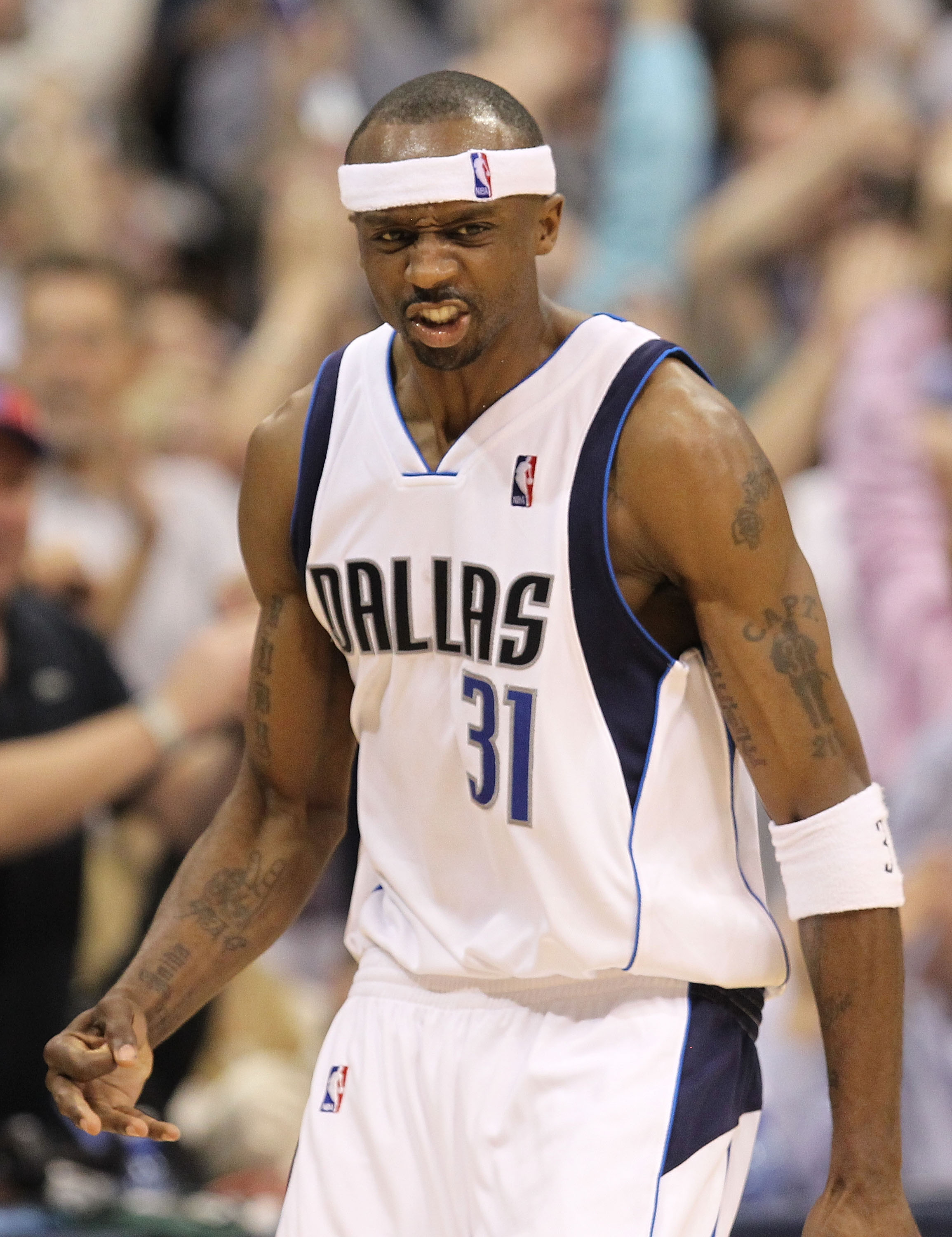 DALLAS - APRIL 21:  Guard Jason Terry #31 of the Dallas Mavericks reacts after scoring a three point shot against the San Antonio Spurs in Game Two of the Western Conference Quarterfinals during the 2010 NBA Playoffs at American Airlines Center on April 2