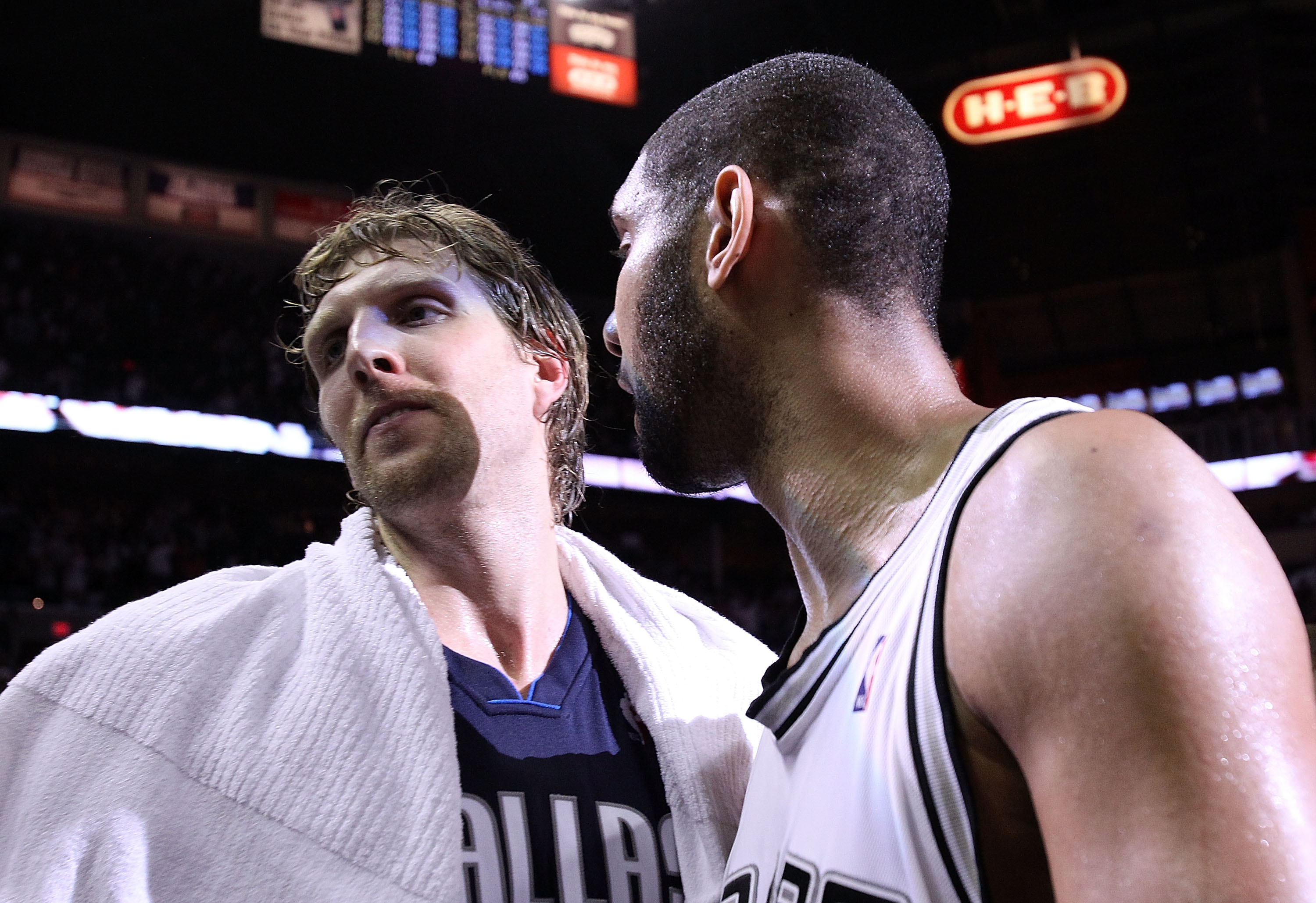 SAN ANTONIO - APRIL 29:  Forward Tim Duncan #21 of the San Antonio Spurs greets Dirk Nowitzki #41 of the Dallas Mavericks after a 97-87 win in Game Six of the Western Conference Quarterfinals during the 2010 NBA Playoffs at AT&T Center on April 29, 2010 i
