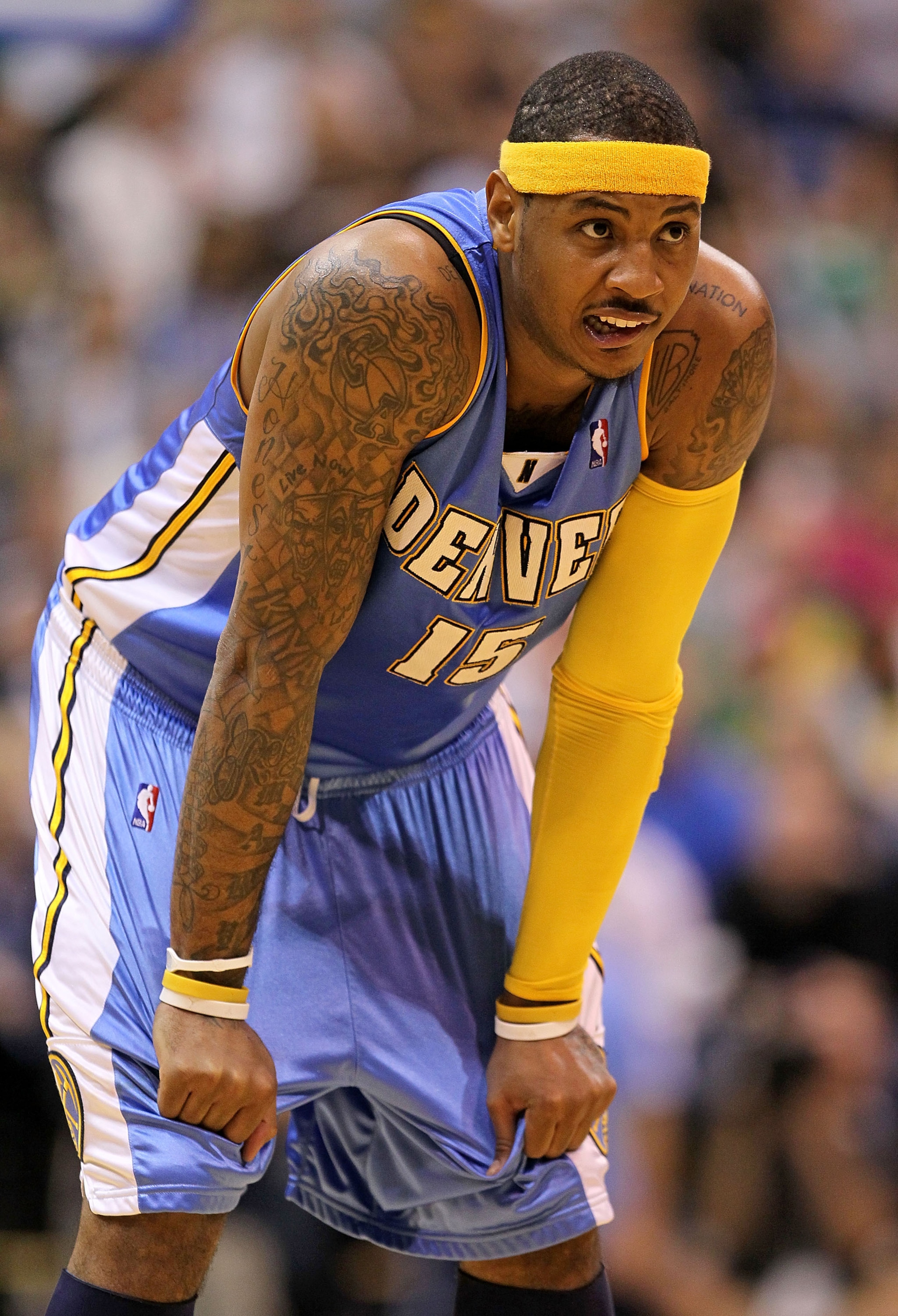 SALT LAKE CITY - APRIL 25:  Carmelo Anthony #15 of the Denver Nuggets is pictured after being called for a foul against the Utah Jazz during  Game Four of the Western Conference Quarterfinals of the 2010 NBA Playoffs at EnergySolutions Arena on April 25,