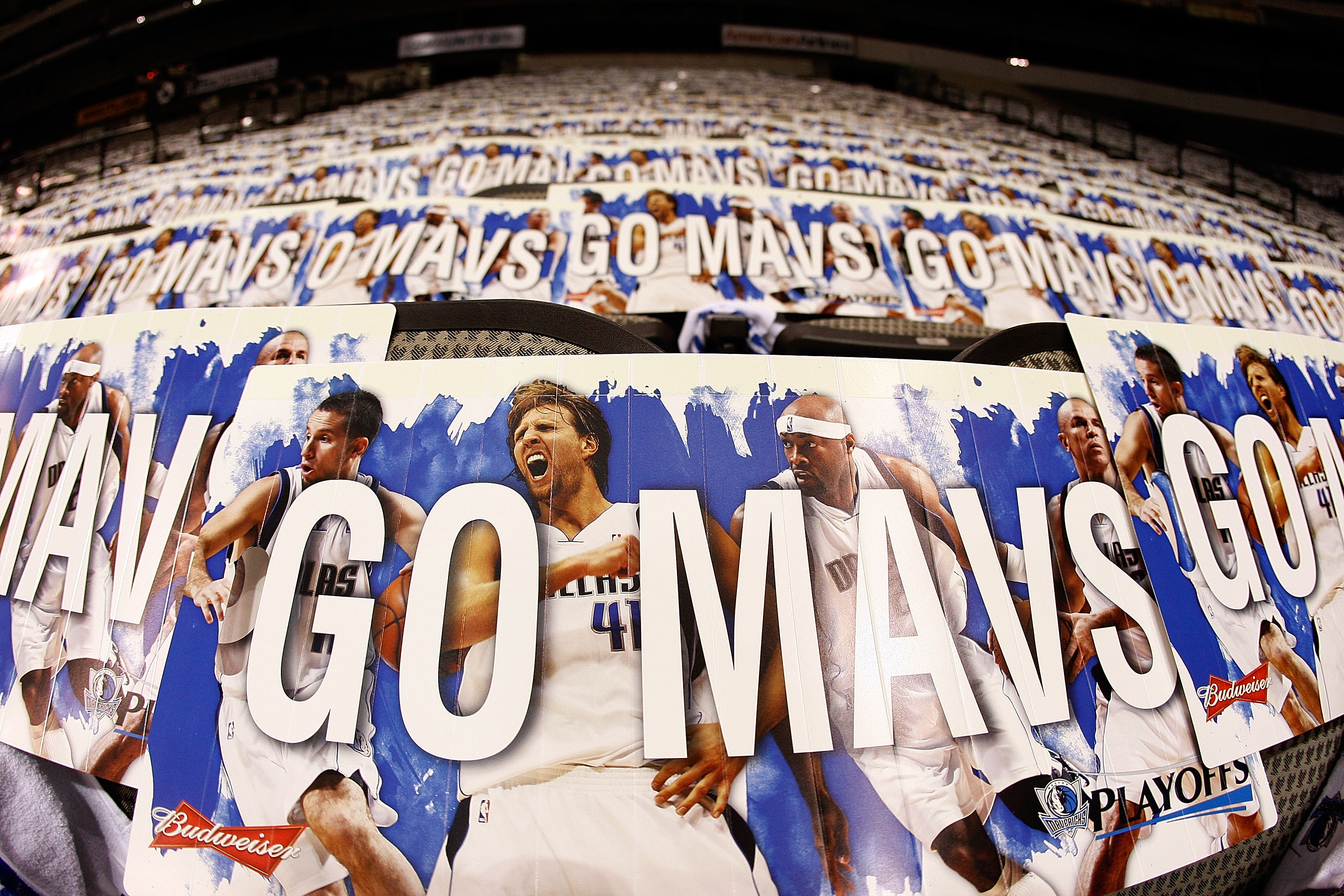 DALLAS - APRIL 18:  Signs for the Dallas Mavericks sit on the seats before a game with the San Antonio Spurs in Game One of the Western Conference Quarterfinals during the 2010 NBA Playoffs at American Airlines Center on April 18, 2010 in Dallas, Texas. N