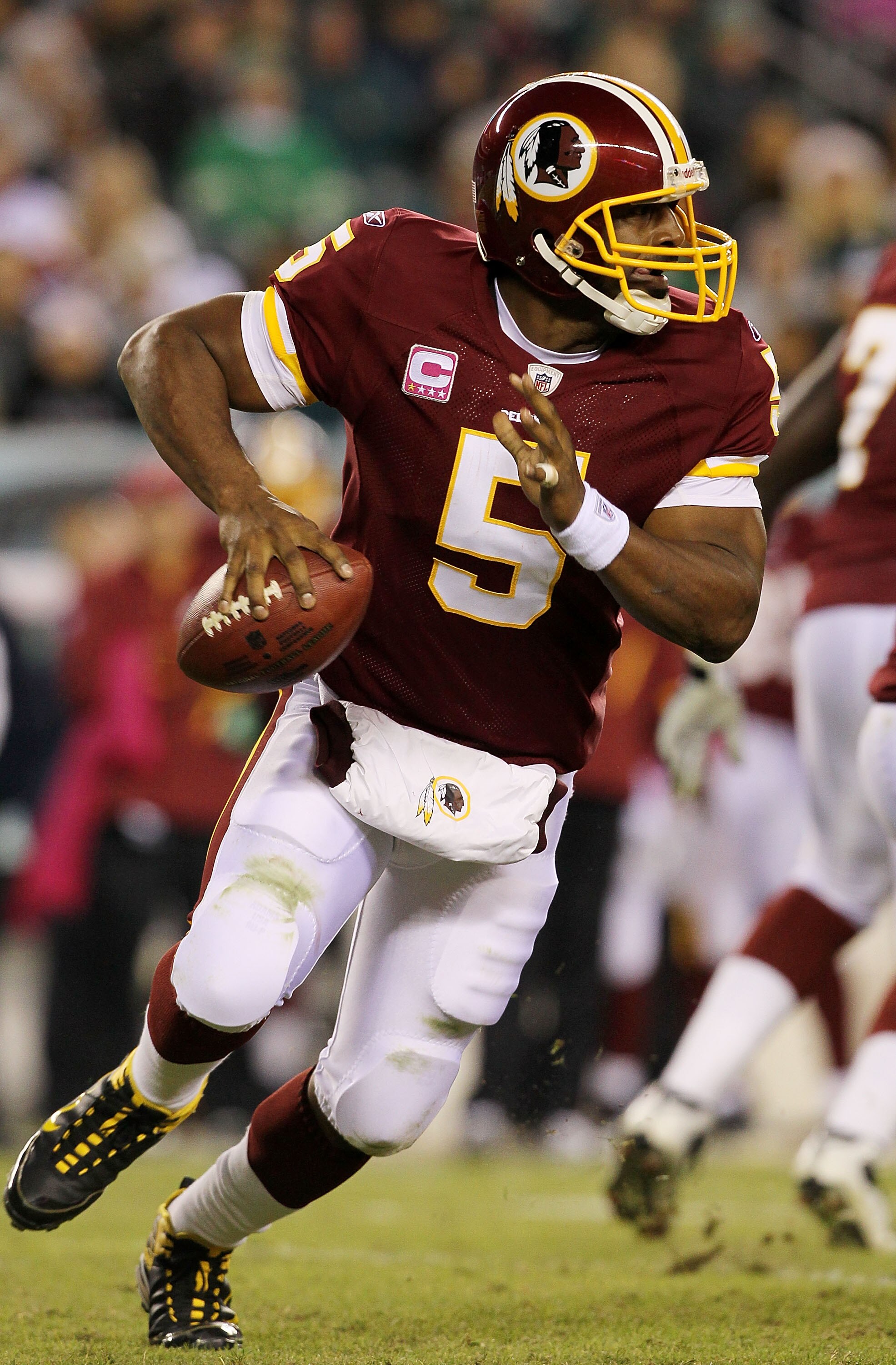 PHILADELPHIA - OCTOBER 03:  Donovan McNabb #5 of the Washington Redskins looks to throw a pass in the second half against the Philadelphia Eagles on October 3, 2010 at Lincoln Financial Field in Philadelphia, Pennsylvania. The Redskins defeated the Eagles