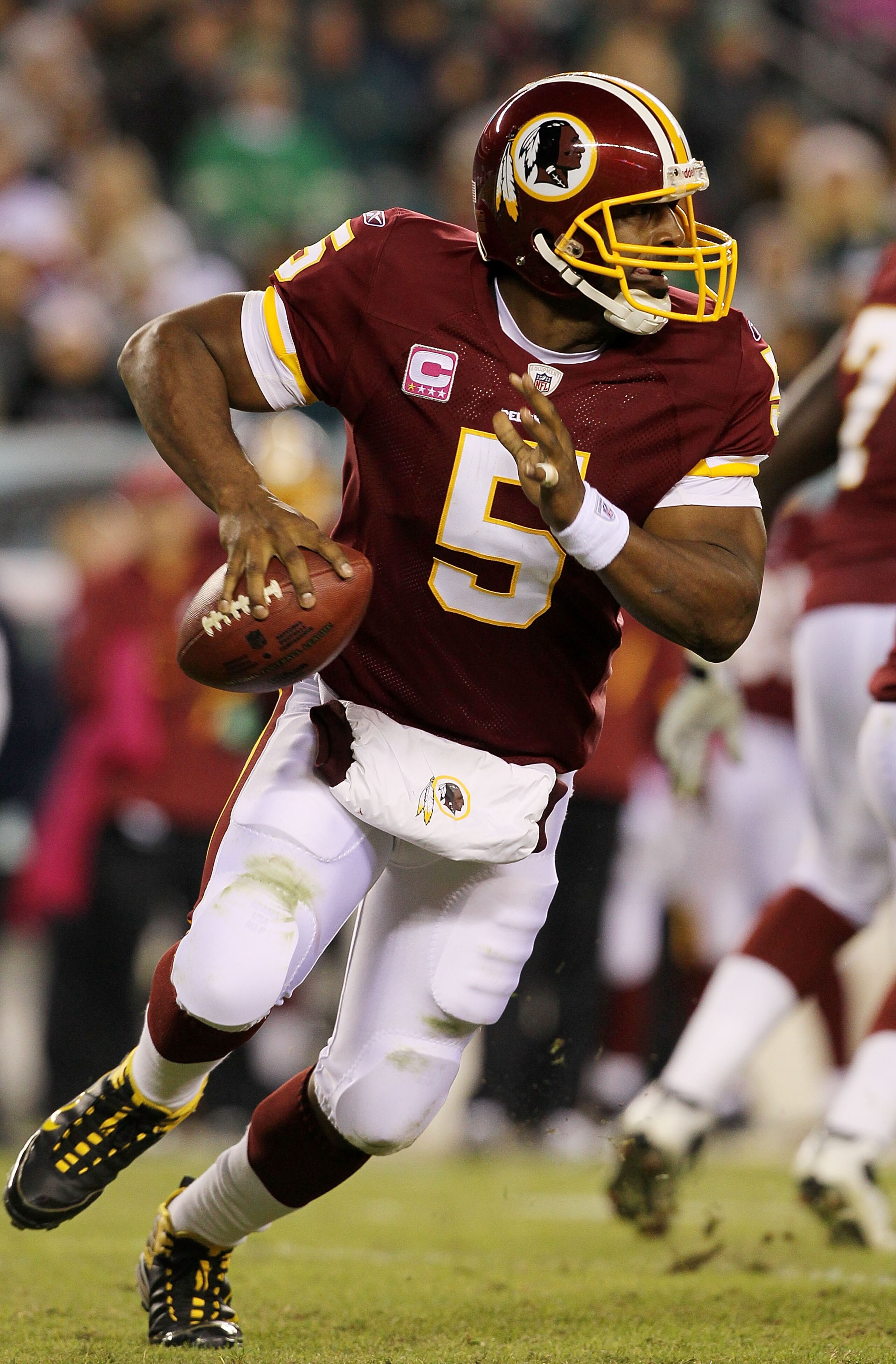 PHILADELPHIA - OCTOBER 03:  Donovan McNabb #5 of the Washington Redskins looks to throw a pass in the second half against the Philadelphia Eagles on October 3, 2010 at Lincoln Financial Field in Philadelphia, Pennsylvania. The Redskins defeated the Eagles