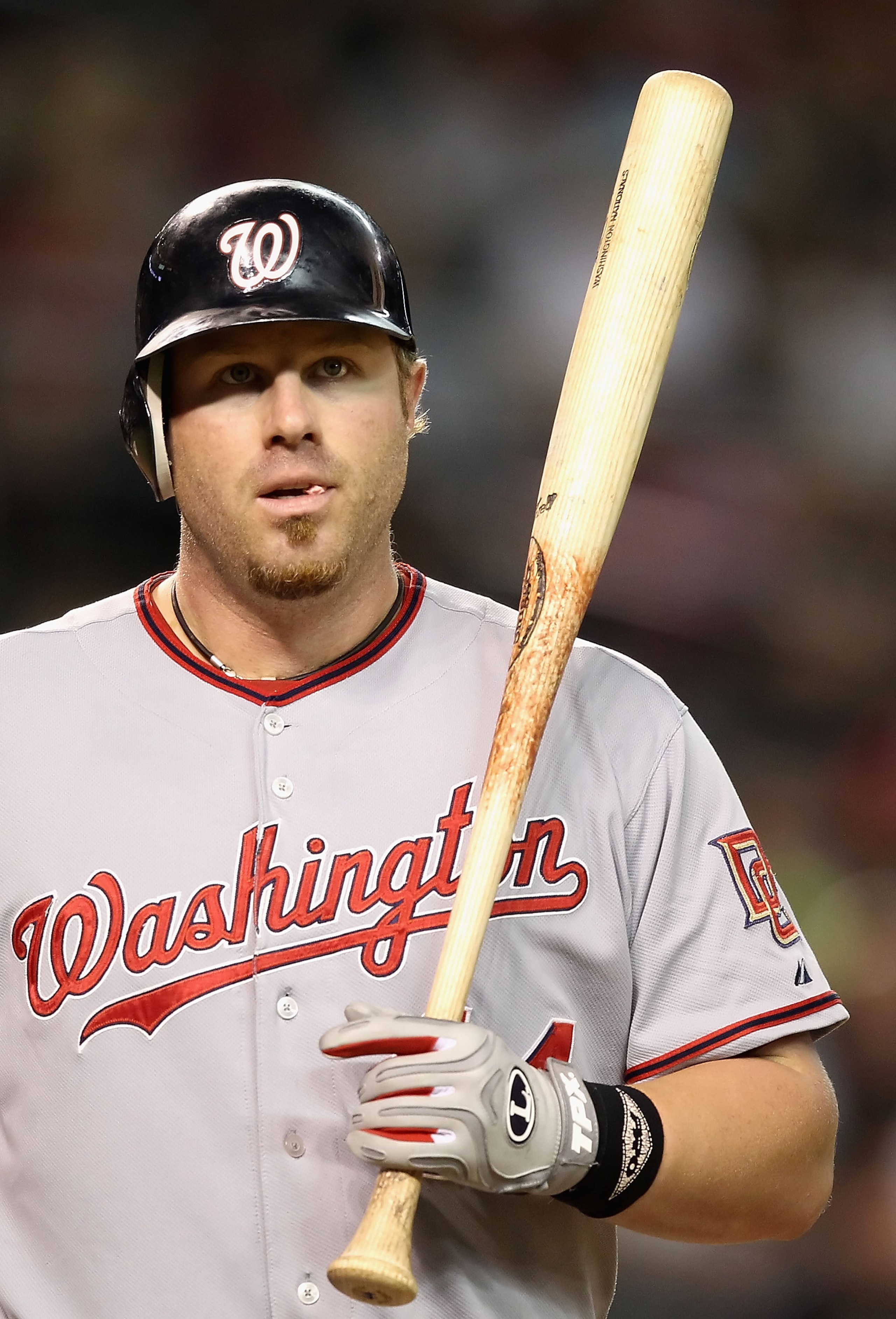 PHOENIX - AUGUST 04:  Adam Dunn #44 of the Washington Nationals at bat during the Major League Baseball game against the Arizona Diamondbacks at Chase Field on August 4, 2010 in Phoenix, Arizona. The Nationals defeated the Diamondbacks 7-2. (Photo by Chri