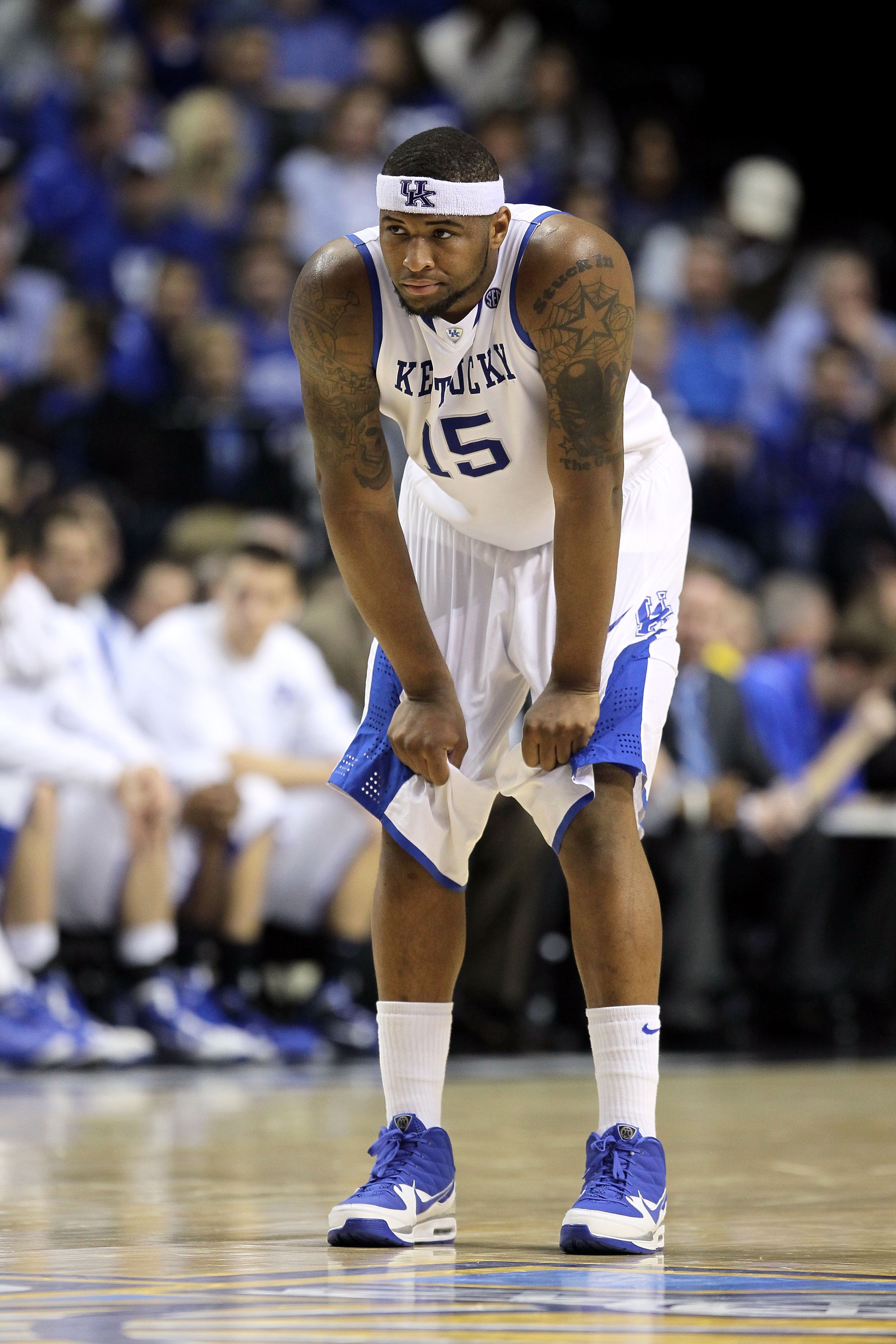 NASHVILLE, TN - MARCH 13: DeMarcus Cousins #15 of the Kentucky Wildcats looks on against the Tennessee Volunteers during the semirfinals of the SEC Men's Basketball Tournament at the Bridgestone Arena on March 13, 2010 in Nashville, Tennessee. Kentucky w NASHVILLE, TN - MARCH 13: DeMarcus Cousins #15 of the Kentucky Wildcats looks on against the Tennessee Volunteers during the semirfinals of the SEC Men's Basketball Tournament at the Bridgestone Arena on March 13, 2010 in Nashville, Tennessee. Kentucky w