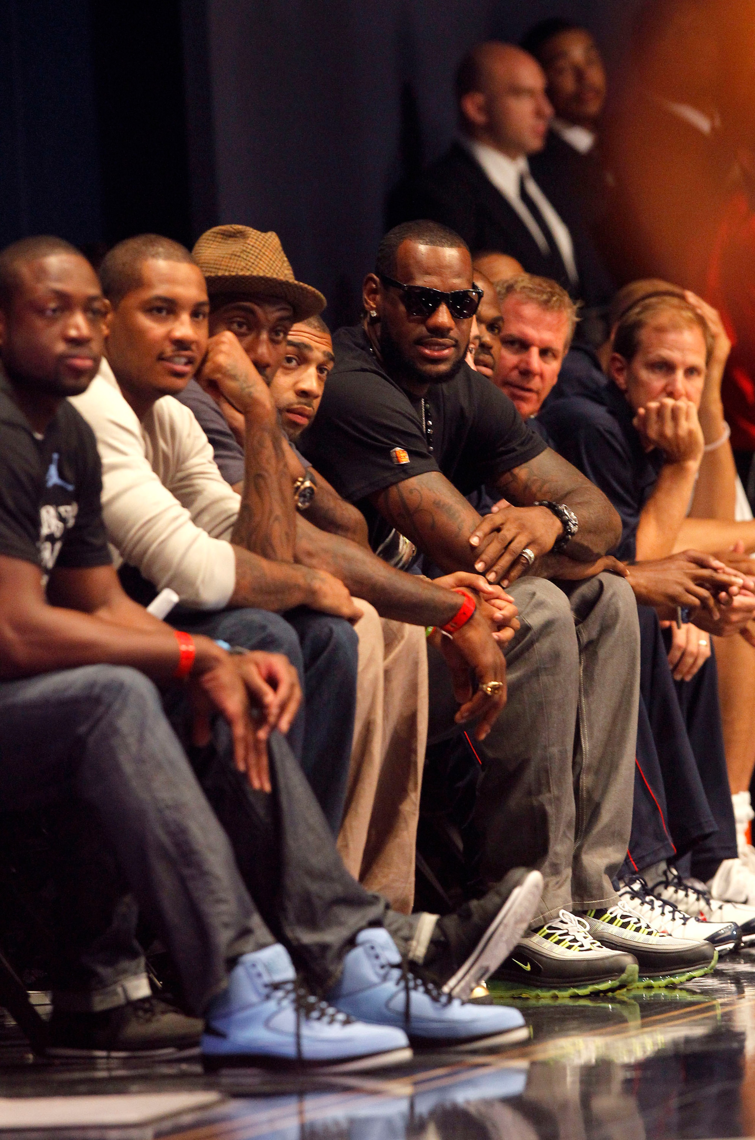 NEW YORK CITY, NY - AUGUST 12:  (L-R) Dwyane Wade, Carmelo Anthony, Amar'e Stoudemire and LeBron James look on during the World Basketball Festival USAB Showcase at Radio City Music Hall on August 12, 2010 in New York City.  (Photo by Chris Trotman/Getty