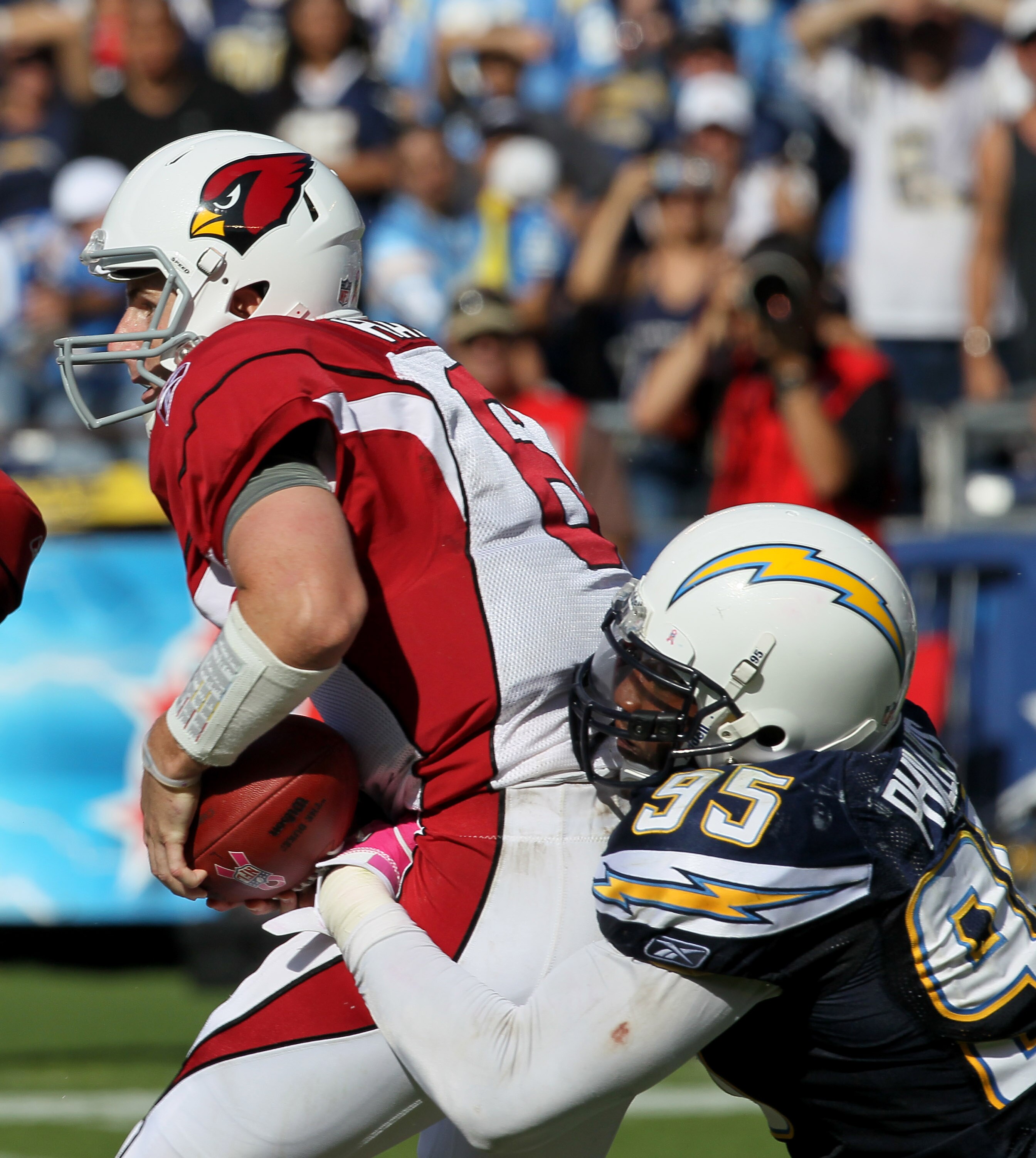 SAN DIEGO - OCTOBER 03:  Linebacker Shaun Phillips #95 of the San Diego Chargers sacks quarterback Max Hall #6 of the Arizona Cardinals at Qualcomm Stadium on October 3, 2010 in San Diego, California.   The Chargers won 41-10.  (Photo by Stephen Dunn/Gett