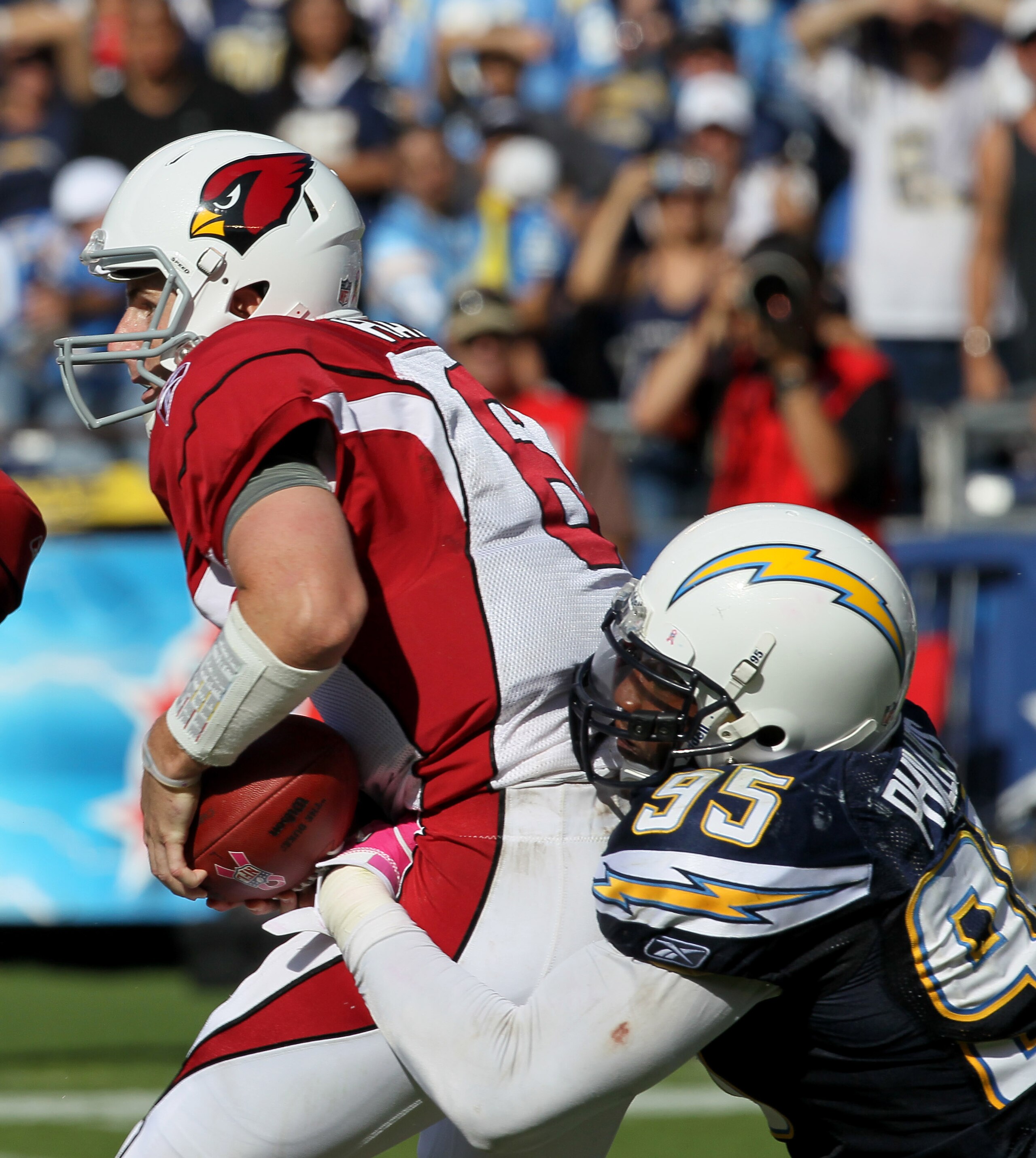 SAN DIEGO - OCTOBER 03:  Linebacker Shaun Phillips #95 of the San Diego Chargers sacks quarterback Max Hall #6 of the Arizona Cardinals at Qualcomm Stadium on October 3, 2010 in San Diego, California.   The Chargers won 41-10.  (Photo by Stephen Dunn/Gett