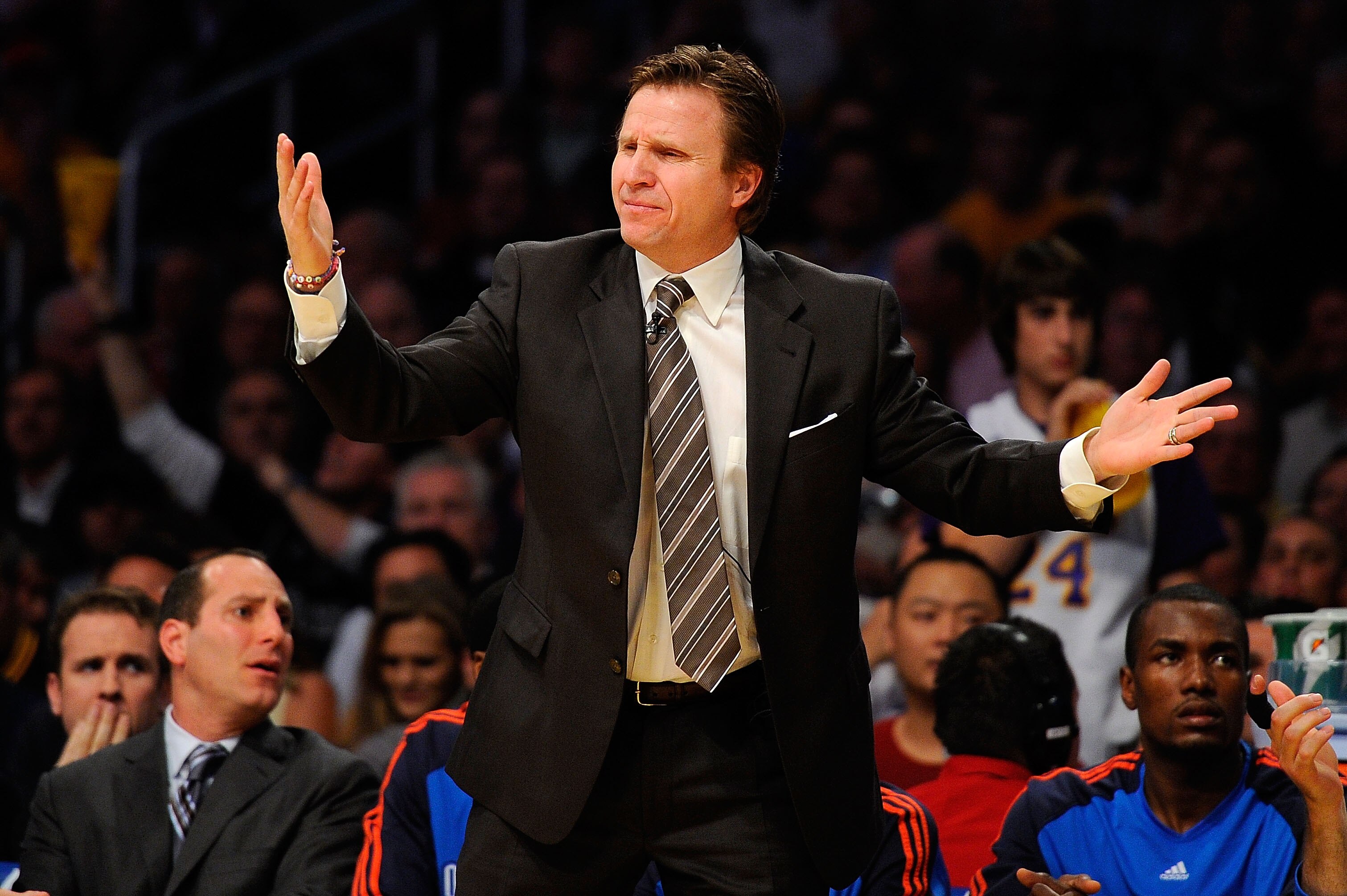 LOS ANGELES, CA - APRIL 27:  Head coach Scott Brooks of the Oklahoma City Thunder reacts in the first half during Game Two of the Western Conference Quarterfinals of the 2010 NBA Playoffs against the Los Angeles Lakers at Staples Center on April 27, 2010 