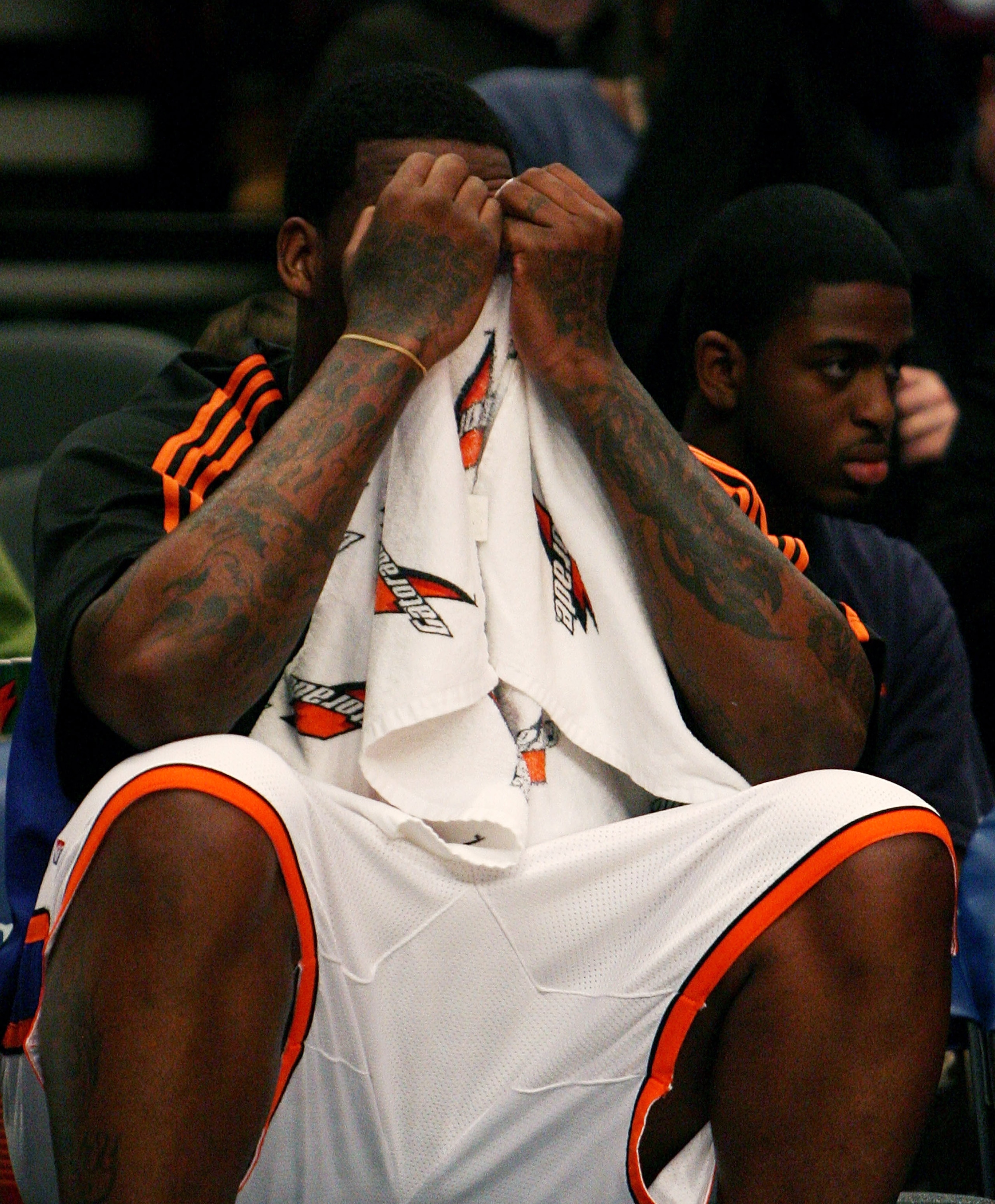 NEW YORK - JANUARY 02:  Eddie Curry #34 of the New York Knicks wipes his face against the Sacramento Kings on January 2, 2008 at Madison Square Garden in New York City. NOTE TO USER: User expressly acknowledges and agrees that, by downloading and/or using