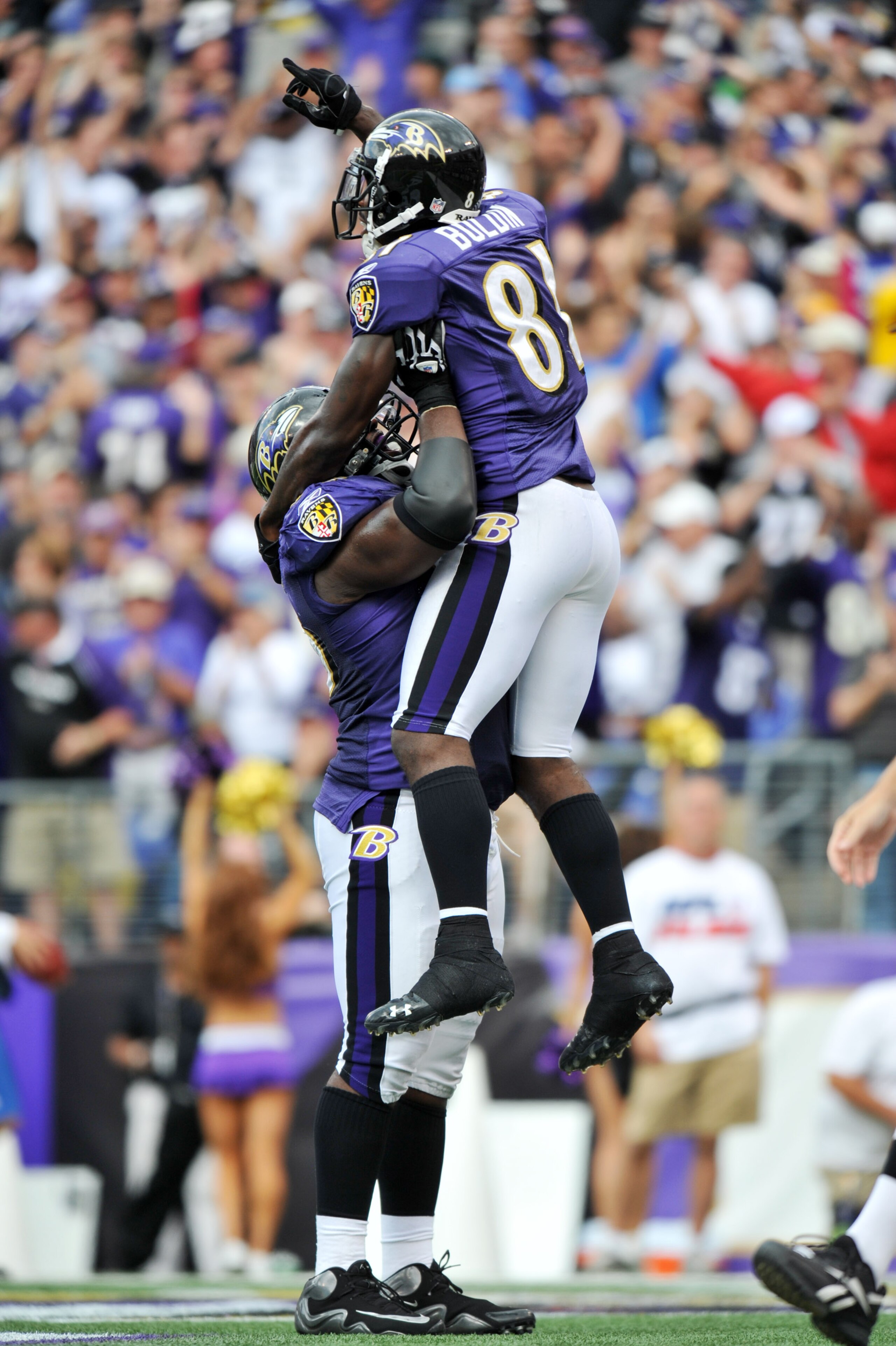 BALTIMORE - SEPTEMBER 26:  Anquan Boldin #81 of the Baltimore Ravens celebrates one of his three touchdowns against the Cleveland Browns  at M&T Bank Stadium on September 26, 2010 in Baltimore, Maryland. The Ravens defeated the Browns 24-17. (Photo by Lar