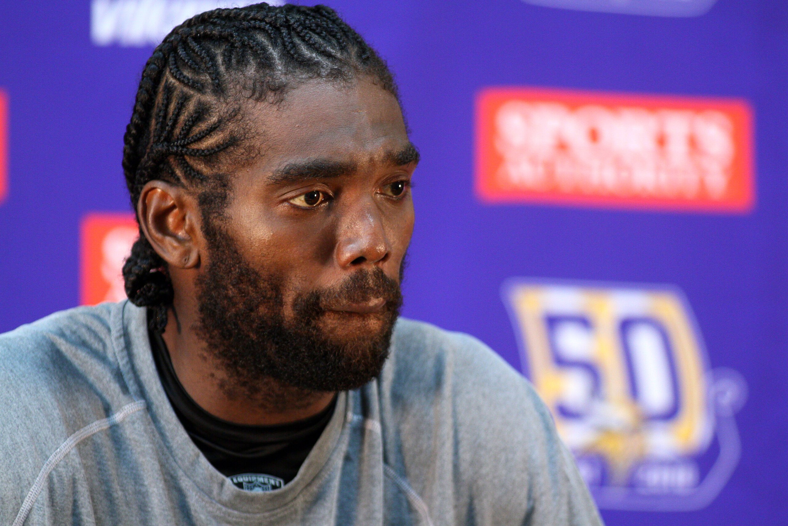 EDEN PRAIRIE, MN - OCTOBER 7:  Minnesota Vikings wide receiver Randy Moss answers questions from the media during a press conference at Winter Park on October 7, 2010 in Eden Prairie, Minnesota.  (Photo by Adam Bettcher/Getty Images)