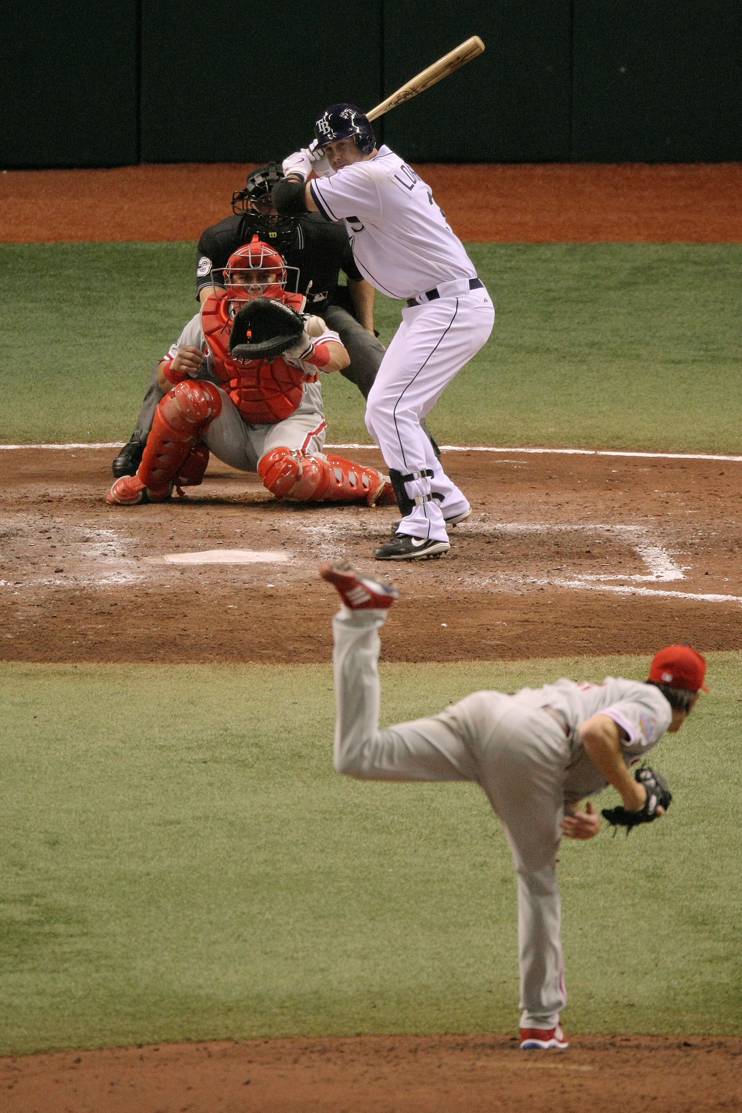 ST PETERSBURG, FL - OCTOBER 22:  Evan Longoria #3 of the Tampa Bay Rays is struck out by Cole Hamels #35 the Philadelphia Phillies during game one of the 2008 MLB World Series on October 22, 2008 at Tropicana Field in St. Petersburg, Florida.  (Photo by D