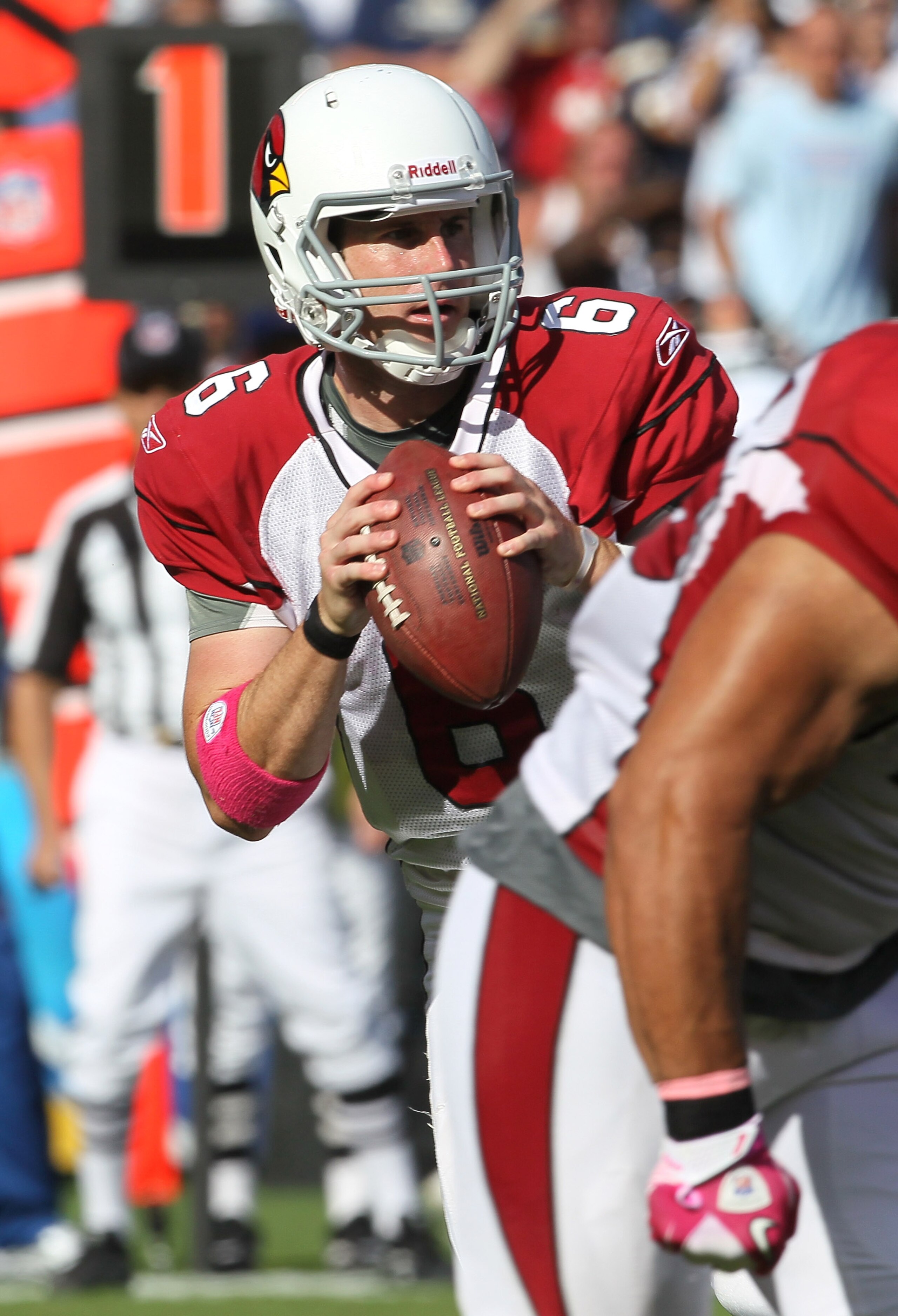 SAN DIEGO - OCTOBER 03:  Quarterback Max Hall #6 of the Arizona Cardinals drops back to pass against the San Diego Chargers at Qualcomm Stadium on October 3, 2010 in San Diego, California.  The Chargers won 41-10.  (Photo by Stephen Dunn/Getty Images)