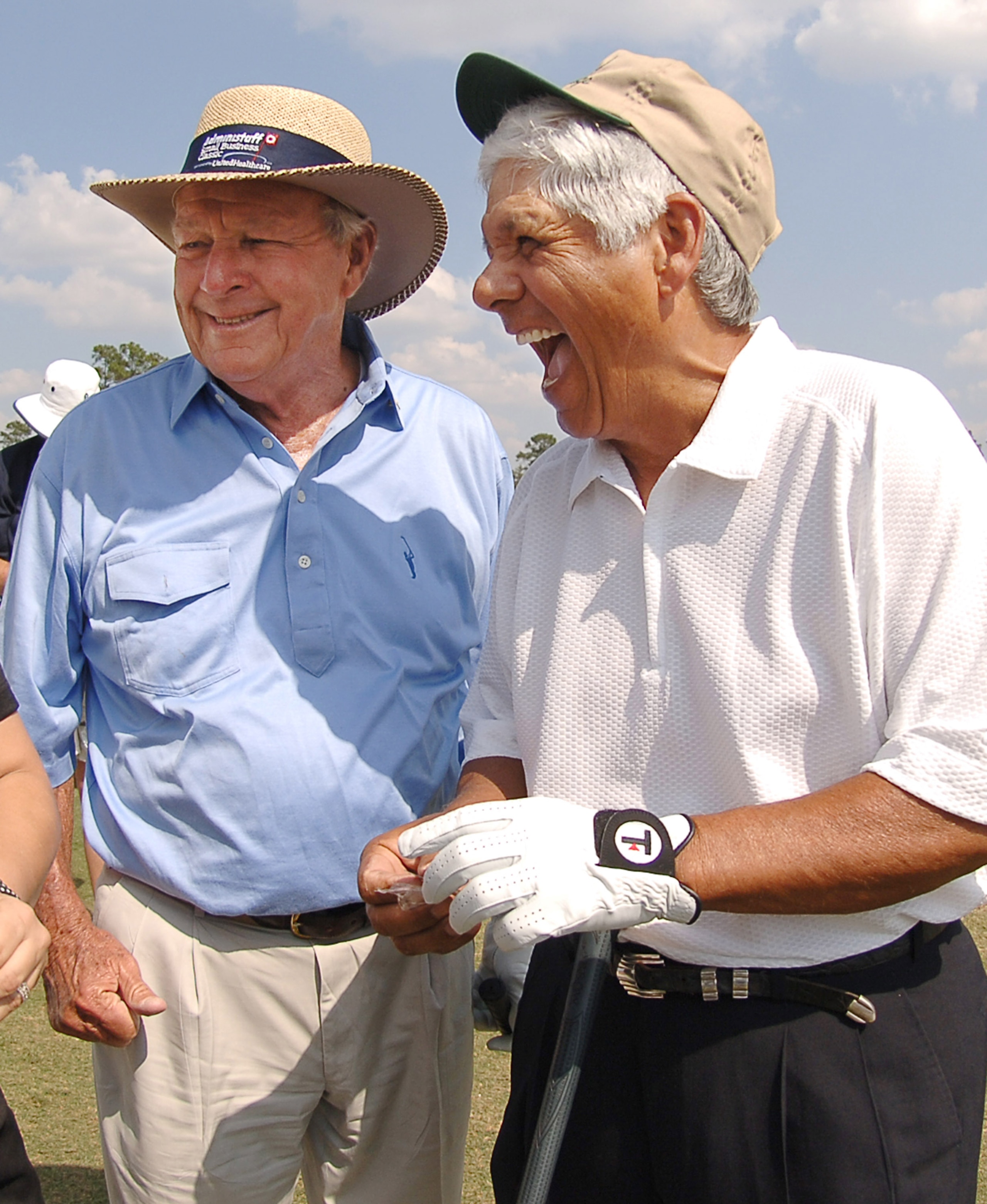 UNITED STATES - OCTOBER 15:  Arnold Palmer and Lee Trevino share a laugh with the honorary observers prior to the start of their second round in the Champions Tour 2005 Adminstaff Small Business Classic at Augusta Pines Country Club in Spring, Texas Octob