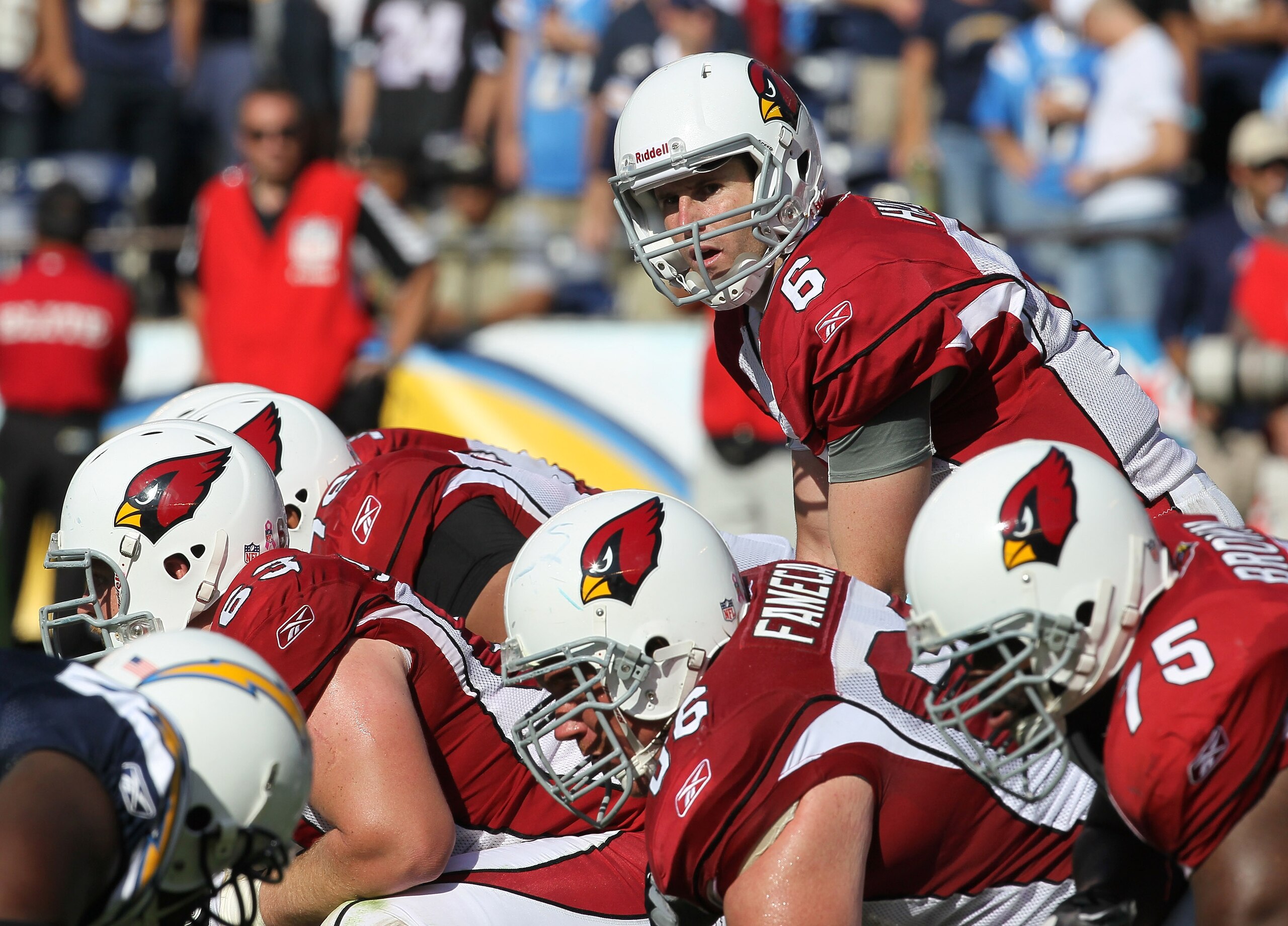 SAN DIEGO - OCTOBER 03:  Quarterback Max Hall #6 of the Arizona Cardinals calls signals against the San Diego Chargers at Qualcomm Stadium on October 3, 2010 in San Diego, California.  The Chargers won 41-10.  (Photo by Stephen Dunn/Getty Images)