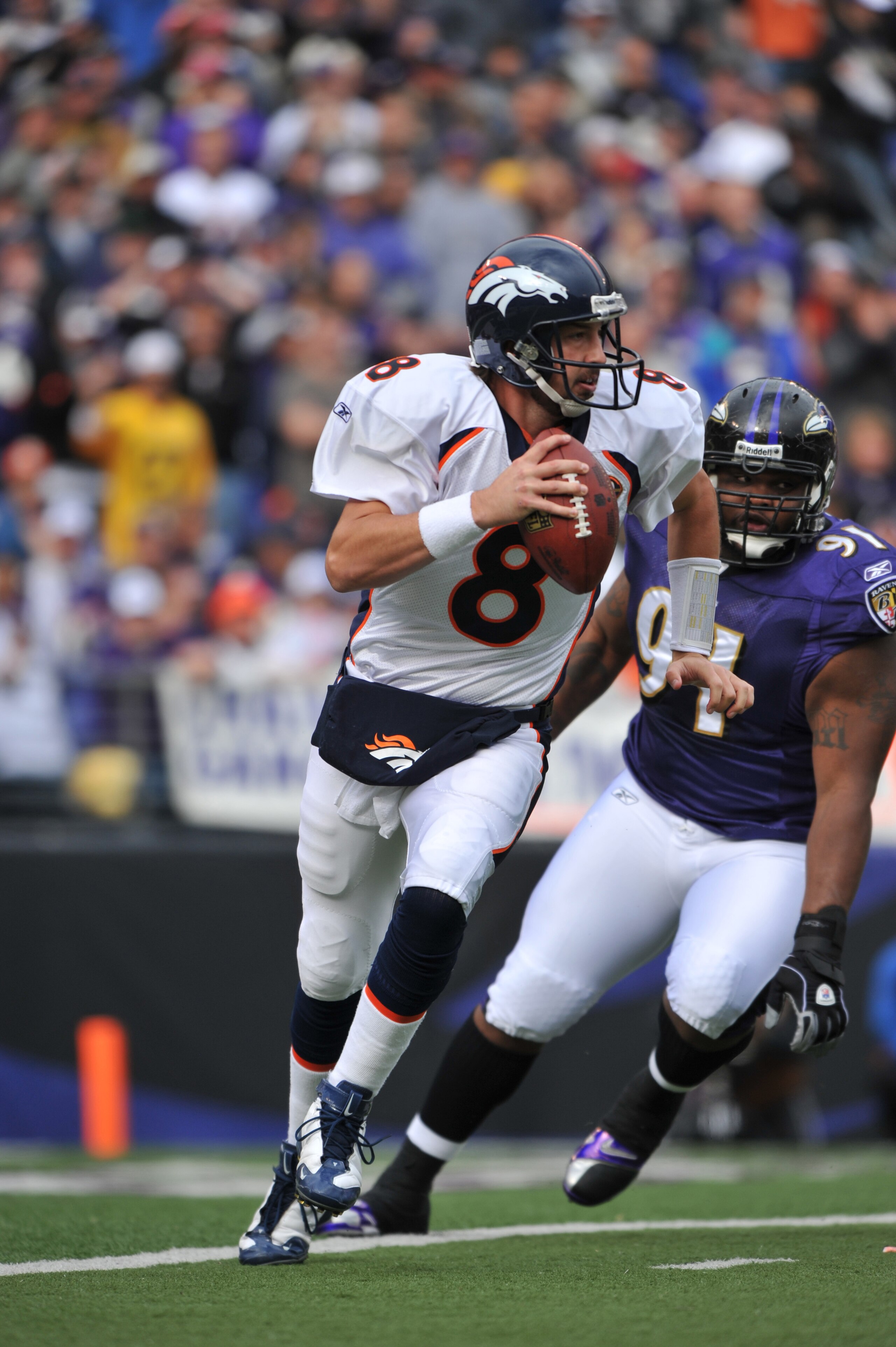BALTIMORE - NOVEMBER 1: Kyle Orton #8 of the Denver Broncos looks for a receiver during the game against the Baltimore Ravens at M&T Bank Stadium on November 1, 2009 in Baltimore, Maryland. (Photo by Larry French/Getty Images)