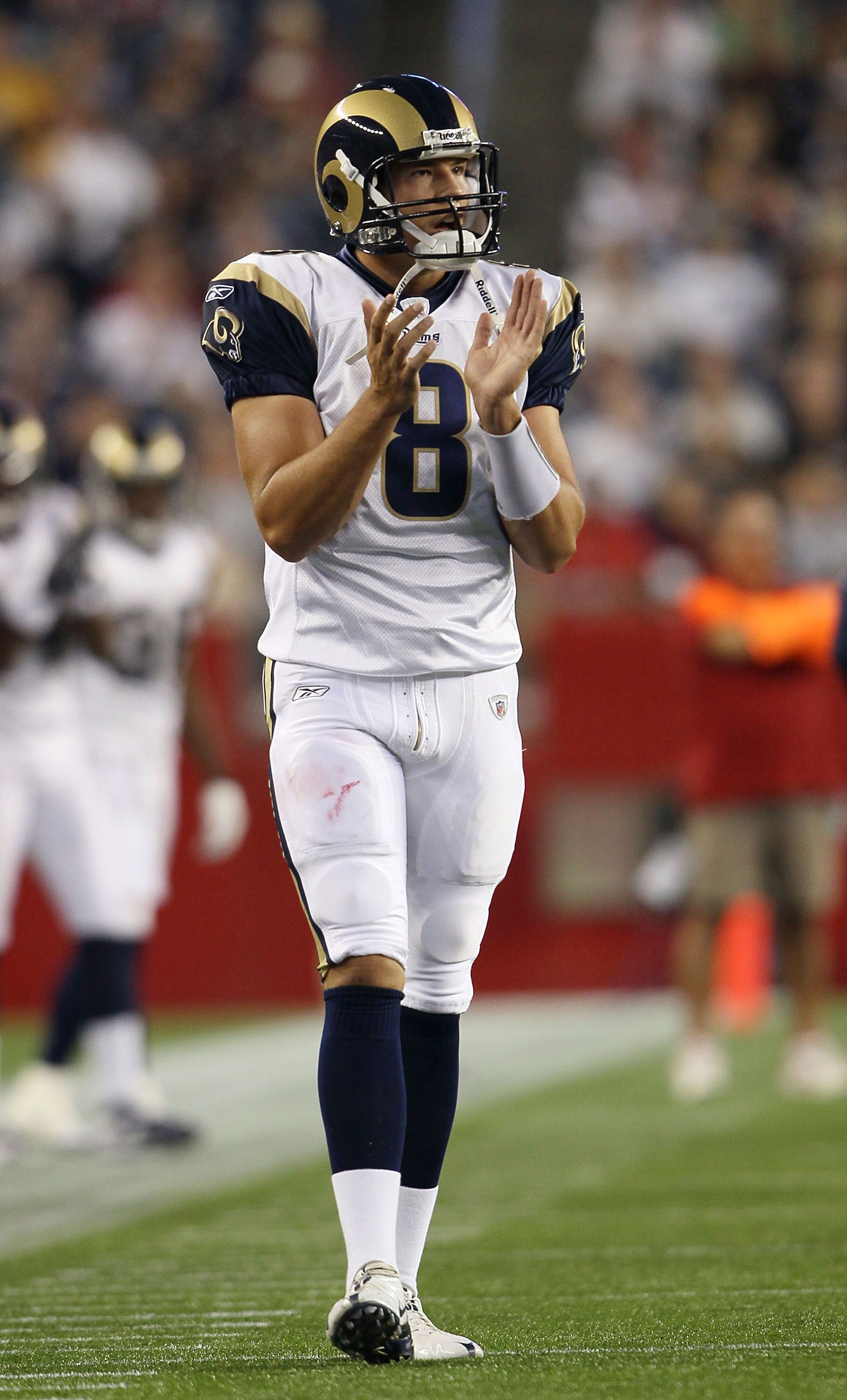 FOXBORO, MA - AUGUST 26:  Sam Bradford #8 of the St. Louis Rams celebrates the extra point after a touchdown in the first quarter against the New England Patriots on August 26, 2010 at Gillette Stadium in Foxboro, Massachusetts.  (Photo by Elsa/Getty Imag