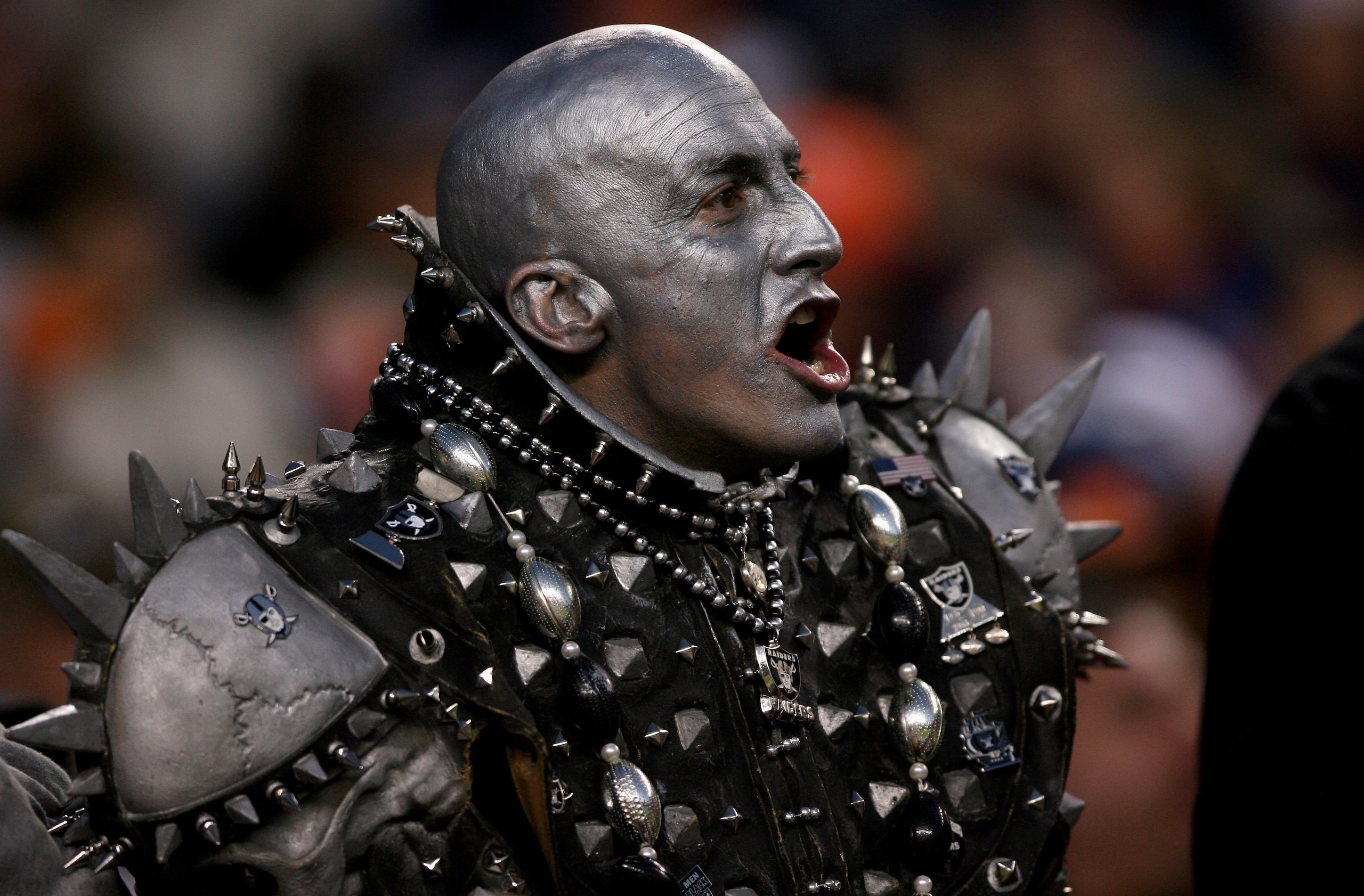 DENVER - NOVEMBER 23:  A member of Raider Nation shows his support of the Oakland Raiders as they faced the Denver Broncos during week 12 NFL action at Invesco Field at Mile High on November 23, 2008 in Denver, Colorado. The Raiders defeated the Broncos 3