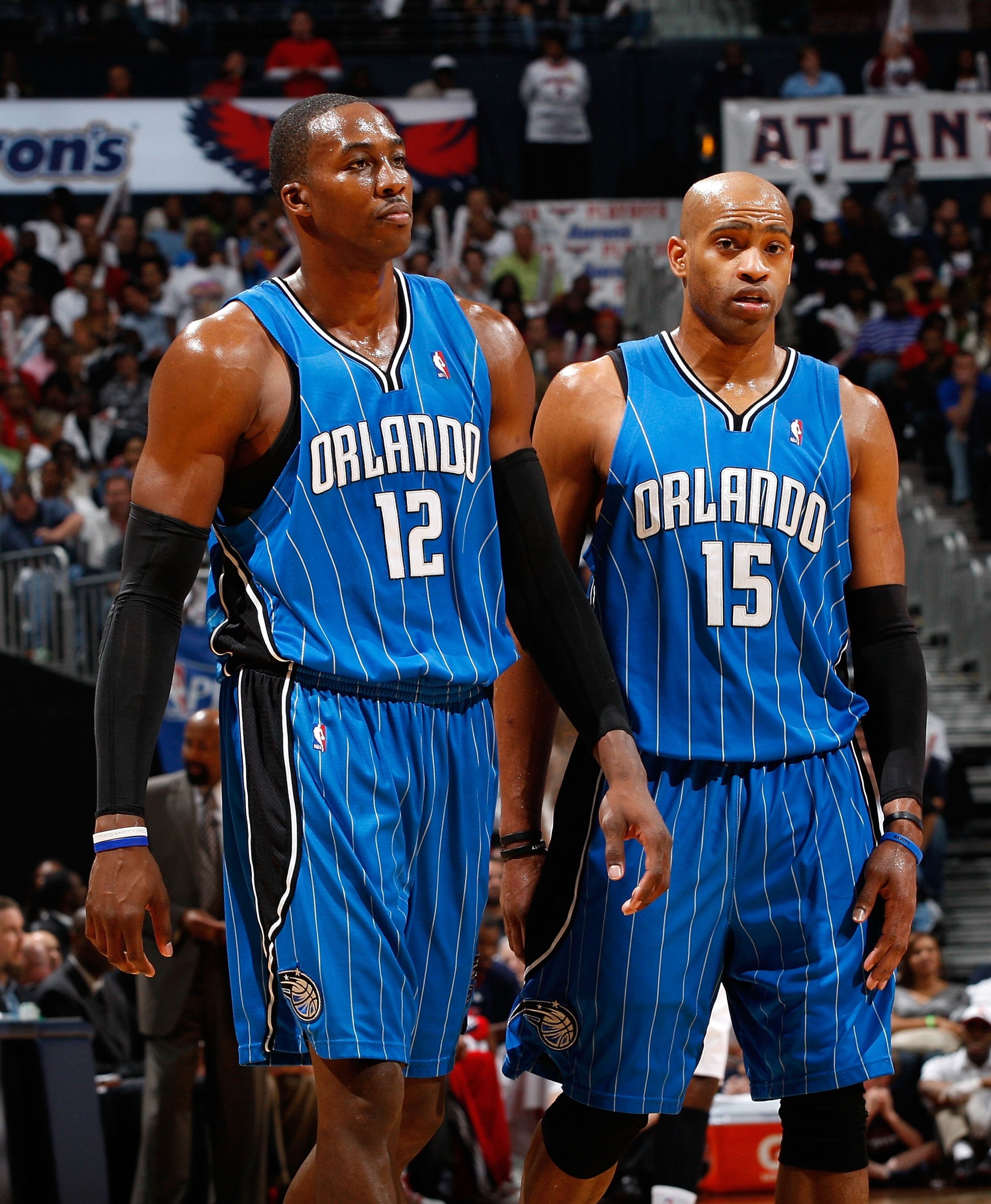 ATLANTA - MAY 10:  Dwight Howard #12 and Vince Carter #15 of the Orlando Magic against the Atlanta Hawks during Game Four of the Eastern Conference Semifinals of the 2010 NBA Playoffs at Philips Arena on May 10, 2010 in Atlanta, Georgia.  NOTE TO USER: Us