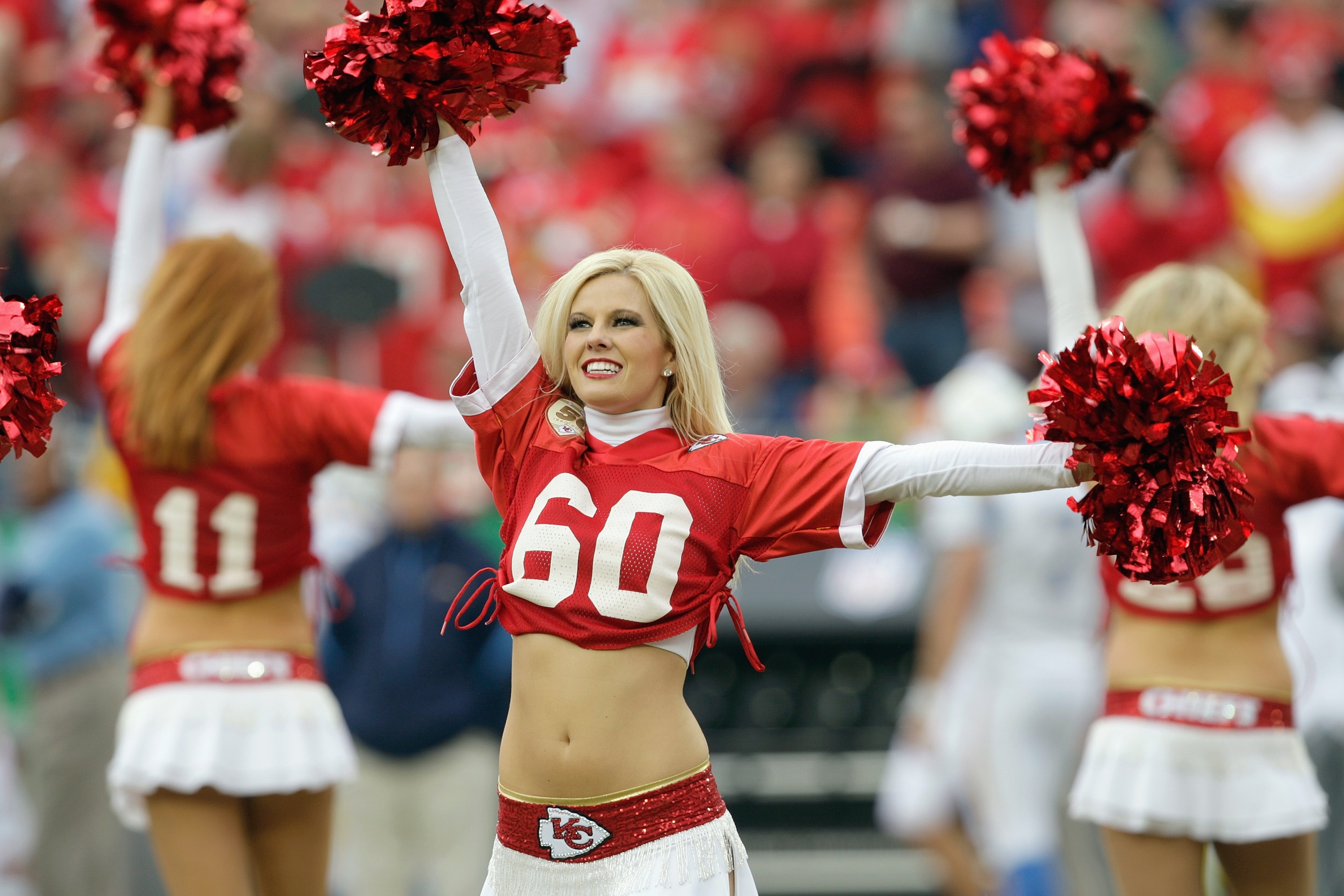 KANSAS CITY, MO - OCTOBER 25: Cheerleaders of the Kansas City Chiefs perform during the game against the San Diego Chargers on October 25, 2009 at Arrowhead Stadium in Kansas City, Missouri. (Photo by Jamie Squire/Getty Images)