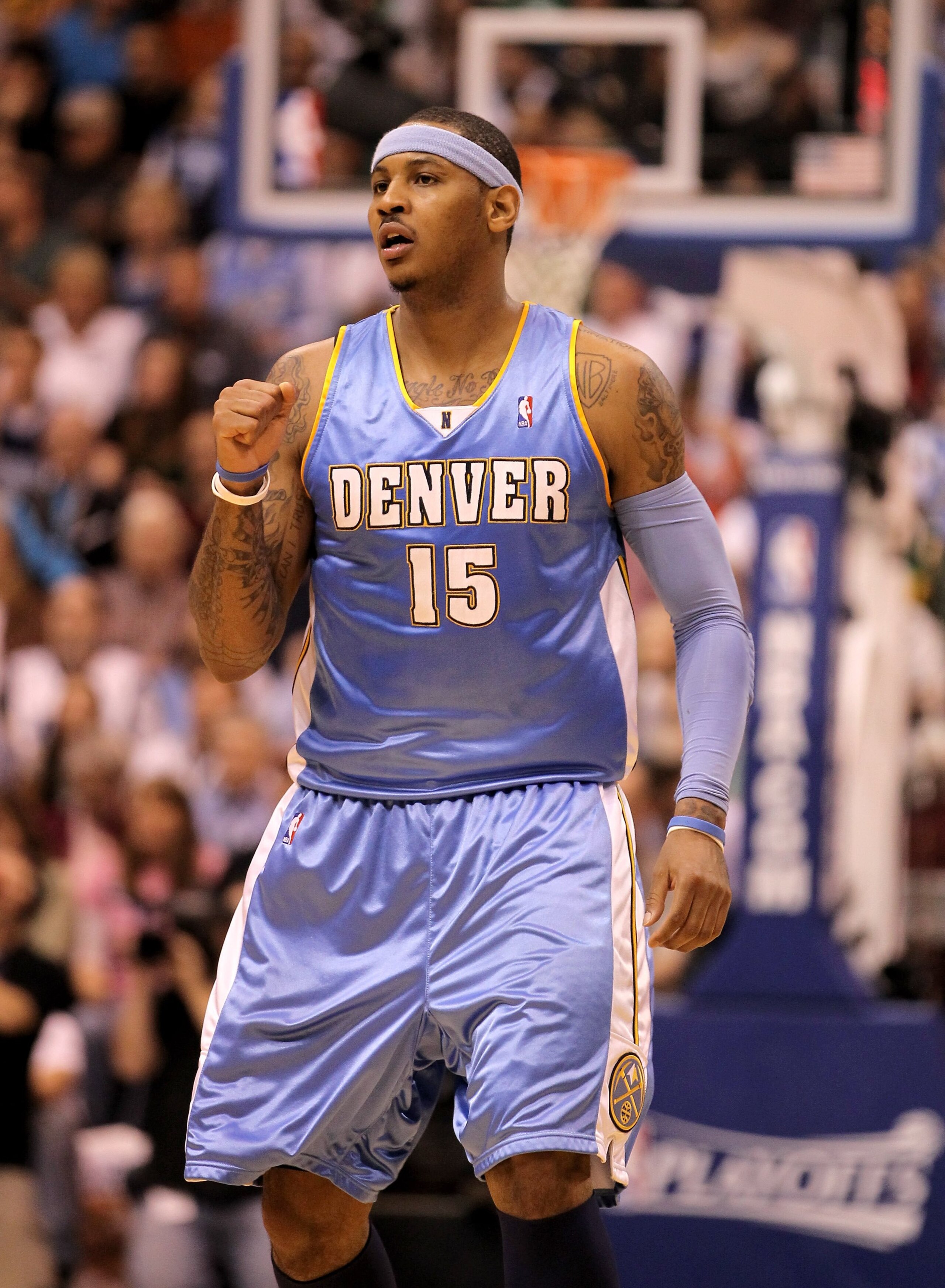SALT LAKE CITY - APRIL 30: Carmelo Anthony #15 of the Denver Nuggets pumps his fist during their game against the Utah Jazz in Game Six of the Western Conference Quarterfinals of the 2010 NBA Playoffs at EnergySolutions Arena on April 30, 2010 in Salt La SALT LAKE CITY - APRIL 30: Carmelo Anthony #15 of the Denver Nuggets pumps his fist during their game against the Utah Jazz in Game Six of the Western Conference Quarterfinals of the 2010 NBA Playoffs at EnergySolutions Arena on April 30, 2010 in Salt La