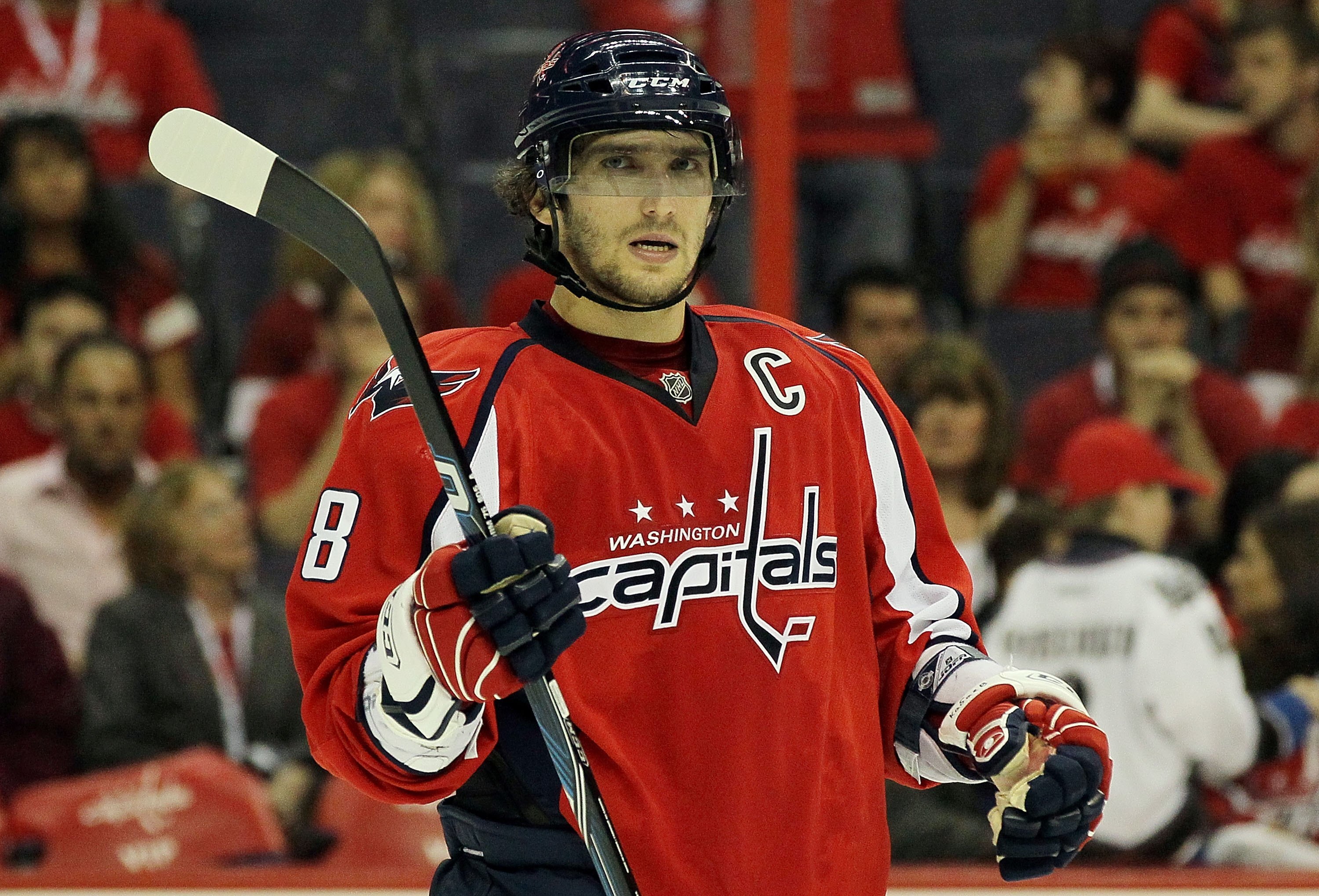 WASHINGTON DC, DC - APRIL 23:  Alex Ovechkin #8 of the Washington Capitals looks on against the Montreal Canadiens in Game Five of the Eastern Conference Quarterfinals during the 2010 NHL Stanley Cup Playoffs at the Verizon Center on April 23, 2010 in Was
