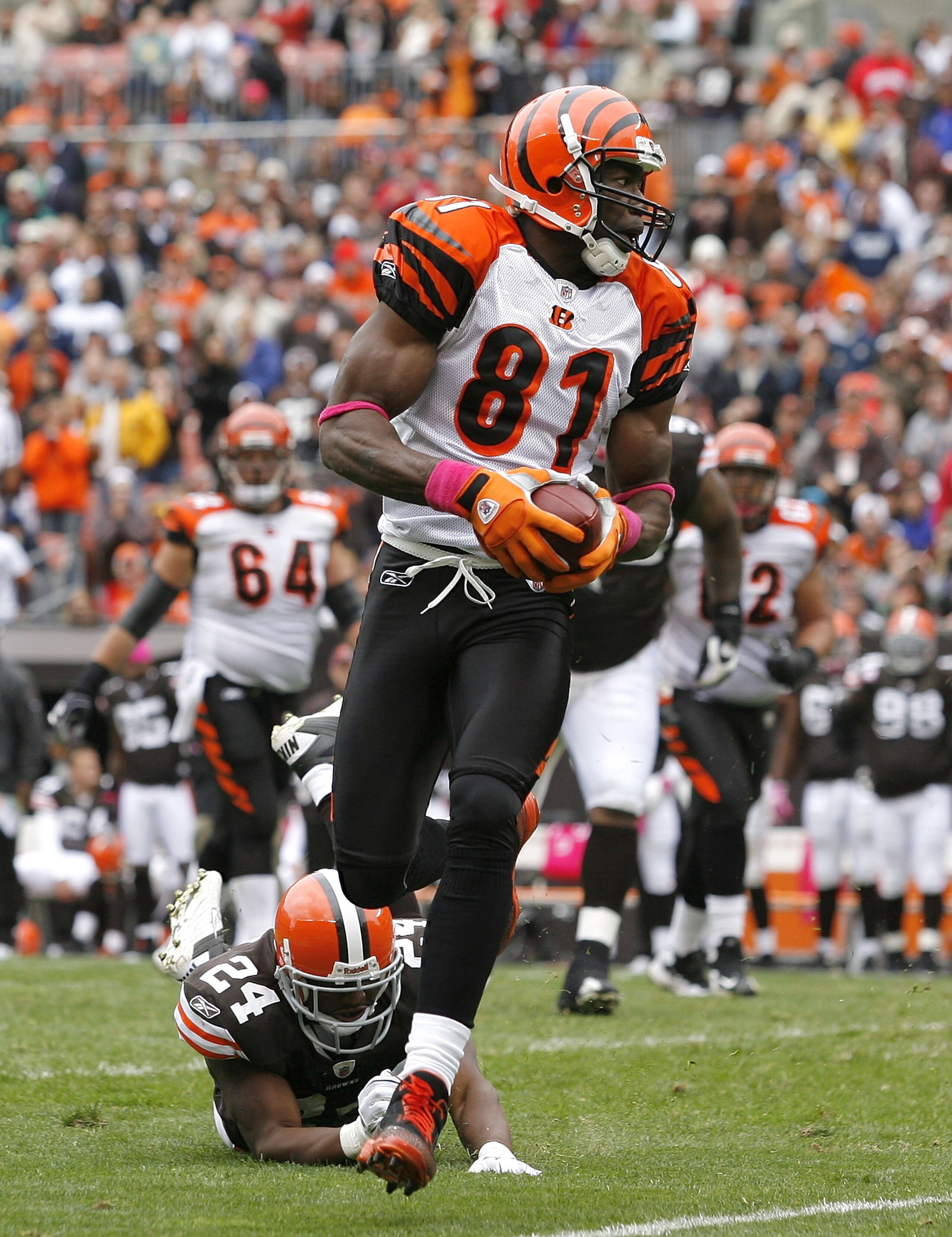 CLEVELAND - OCTOBER 03:  Wide receiver Terrell Owens #81 of the Cincinnati Bengals runs by Sheldon Brown #24 of the Cleveland Browns at Cleveland Browns Stadium on October 3, 2010 in Cleveland, Ohio.  (Photo by Matt Sullivan/Getty Images)