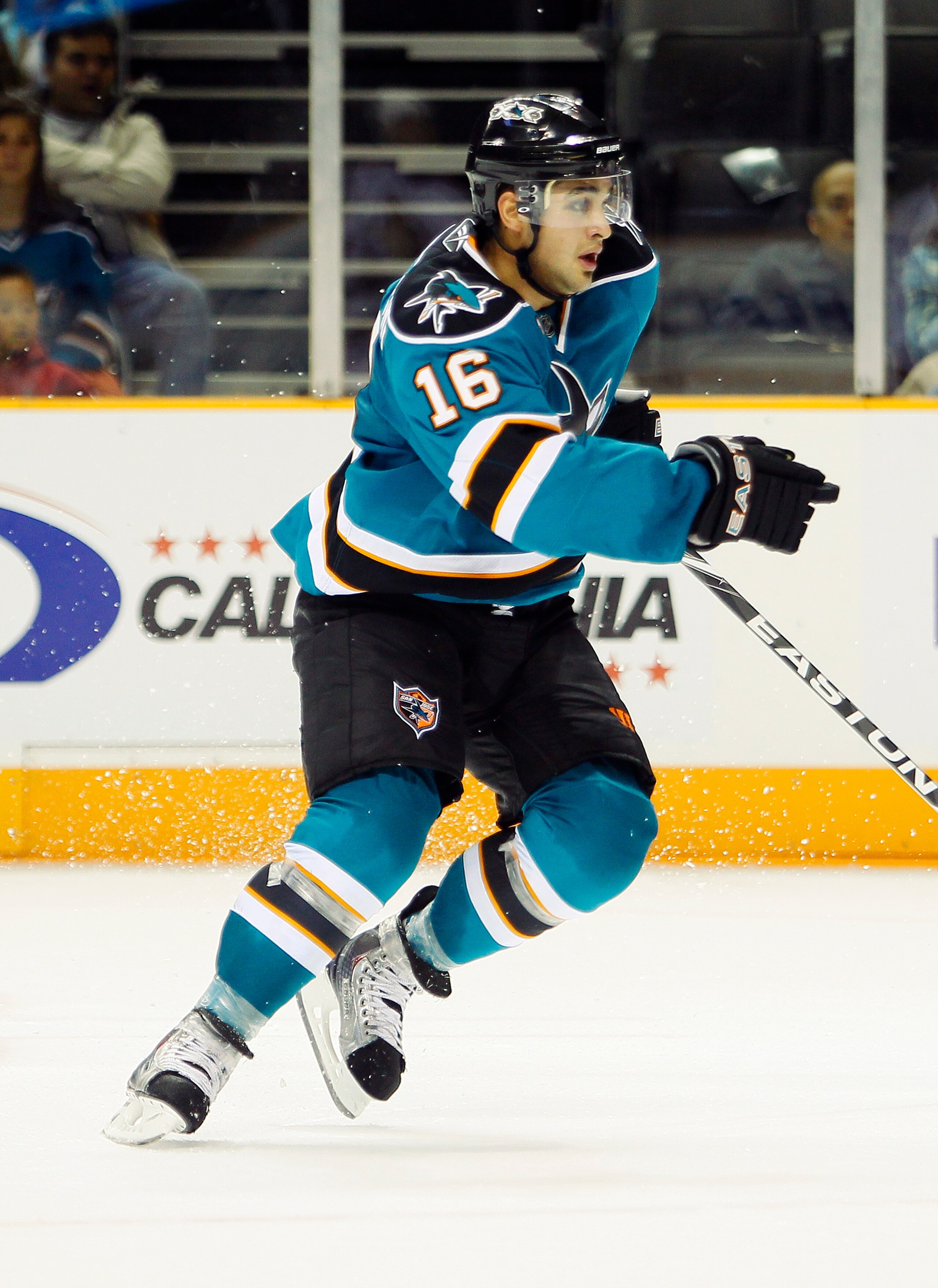 SAN JOSE, CA - SEPTEMBER 25:  Devin Setoguchi #16 of the San Jose Sharks skates up the ice in a preseason split-squad game against the Phoenix Coyotes at HP Pavilion on September 25, 2010 in San Jose, California.  The Sharks won 3-1.  (Photo by Brian Bahr