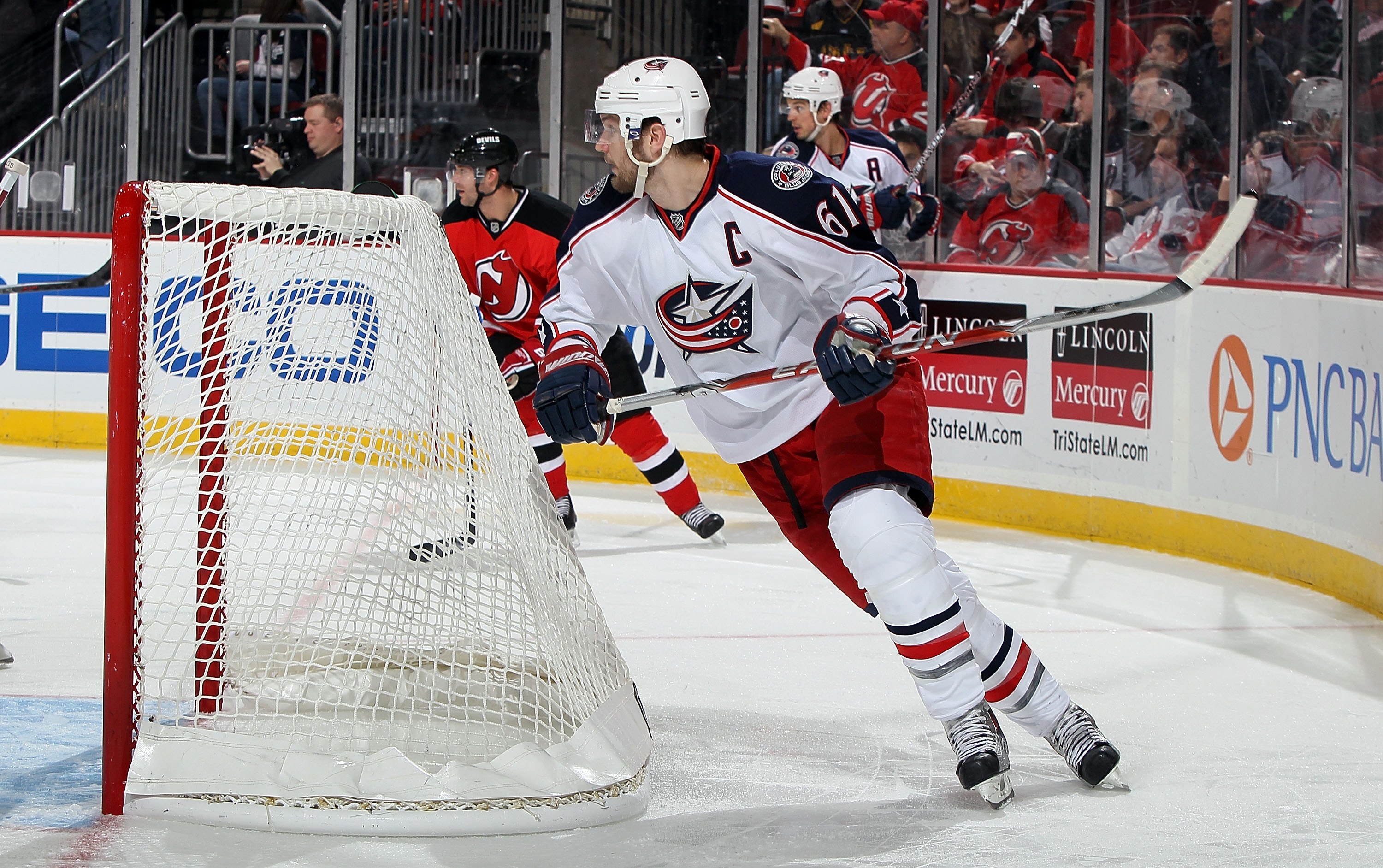 NEWARK, NJ - MARCH 23:  Rick Nash #61 of the Columbus Blue Jackets skates against the New Jersey Devils at the Prudential Center on March 23, 2010 in Newark, New Jersey. The Devils defeated the Blue Jackets 6-3.  (Photo by Jim McIsaac/Getty Images)