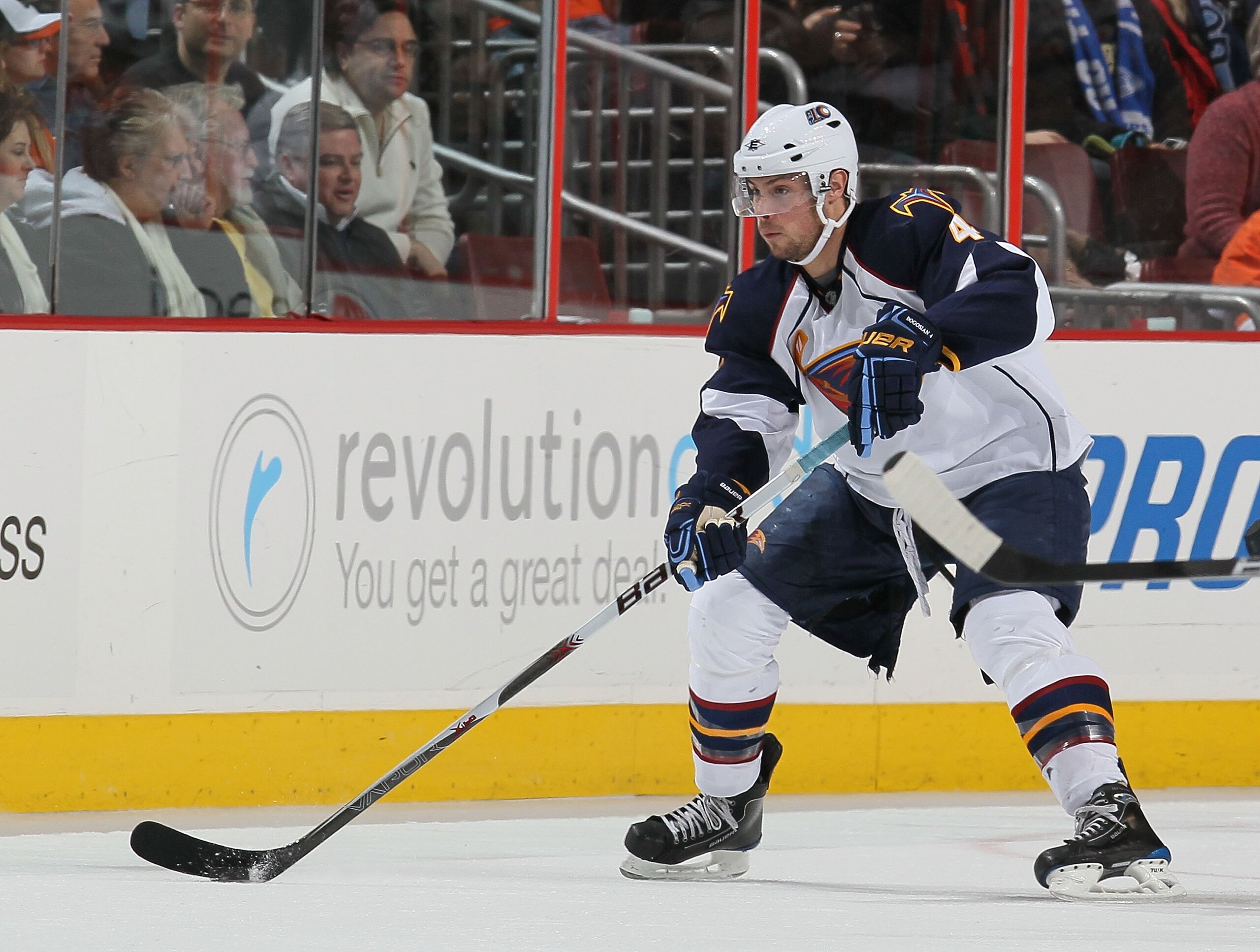 PHILADELPHIA - JANUARY 28:  Zach Bogosian #4 of the Atlanta Thrashers in action against  The Philadelphia Flyers during their game on January 28, 2010 at The Wachovia Center in Philadelphia, Pennsylvania.  (Photo by Al Bello/Getty Images)