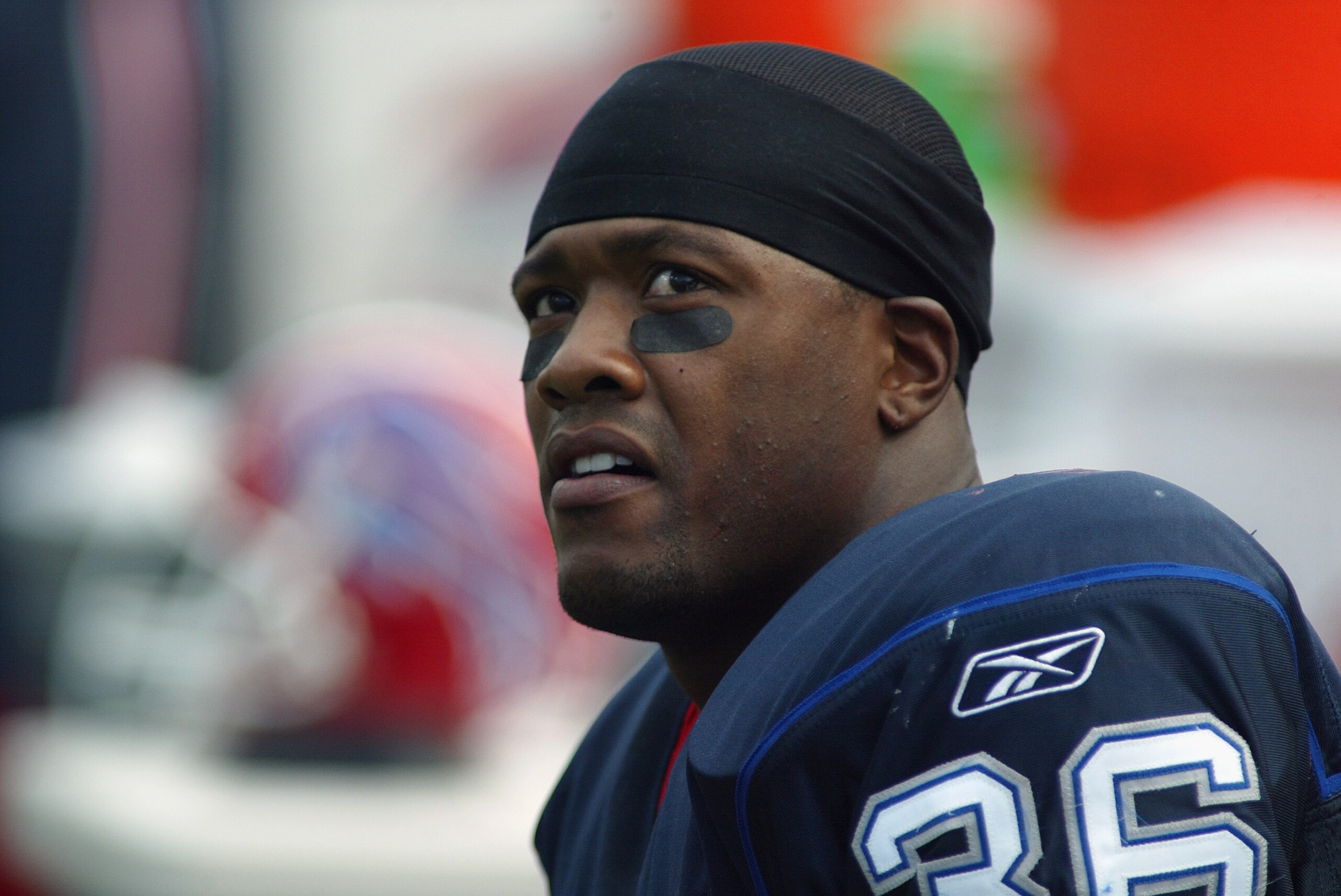 ORCHARD PARK, NY - SEPTEMBER 7:  Lawyer Milloy # 36 of the Buffalo Bills watches the scoreboard against the New England Patriots on September 7, 2003 at Ralph Wilson Stadium in Orchard Park, New York. The Bills defeated the Patriots 31-0. (Photo by Rick S