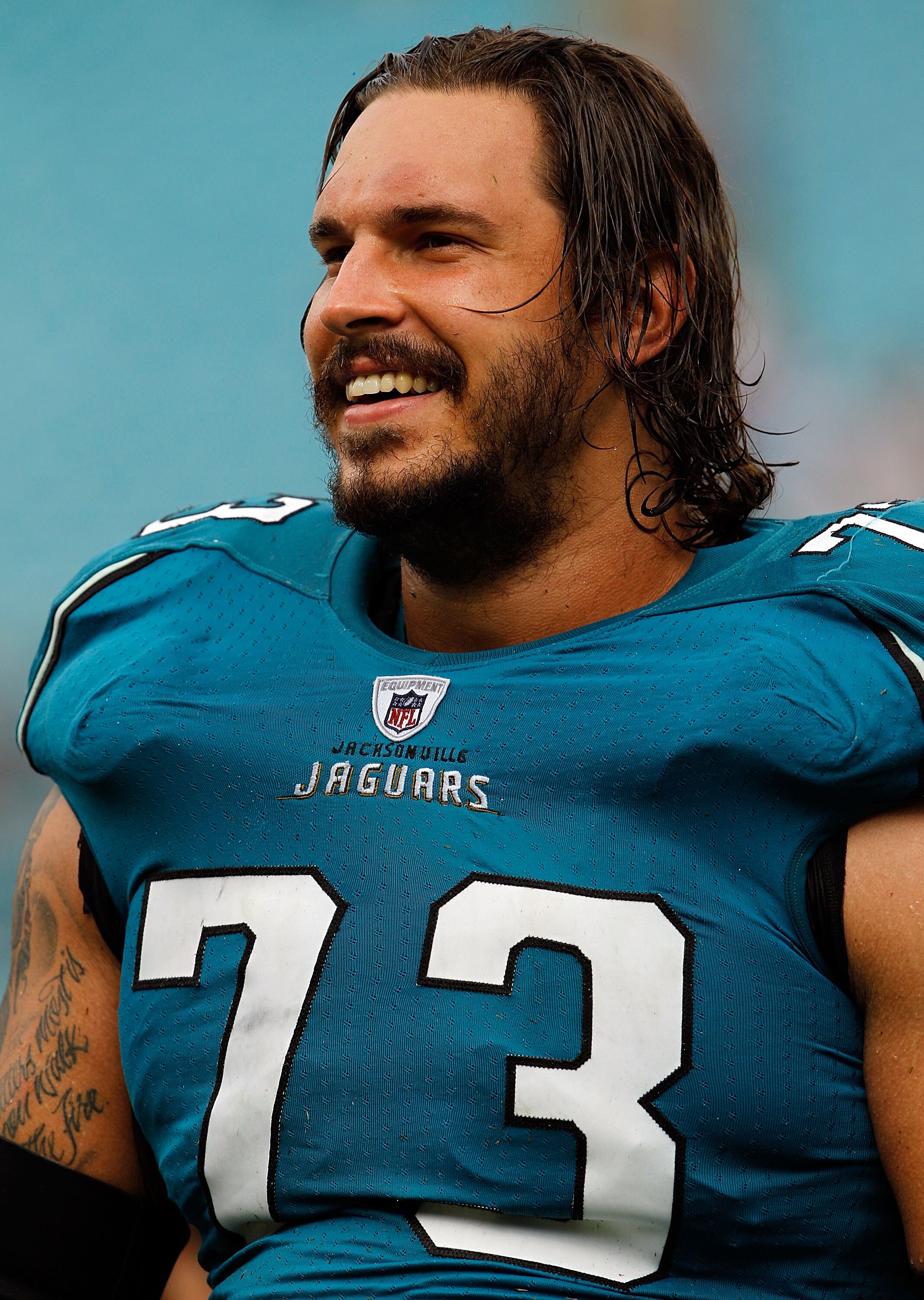 JACKSONVILLE, FL - SEPTEMBER 12:  Eben Britton #73 of the Jacksonville Jaguars smiles following a victory in the NFL season opener game against the Denver Broncos at EverBank Field on September 12, 2010 in Jacksonville, Florida.  (Photo by Sam Greenwood/G