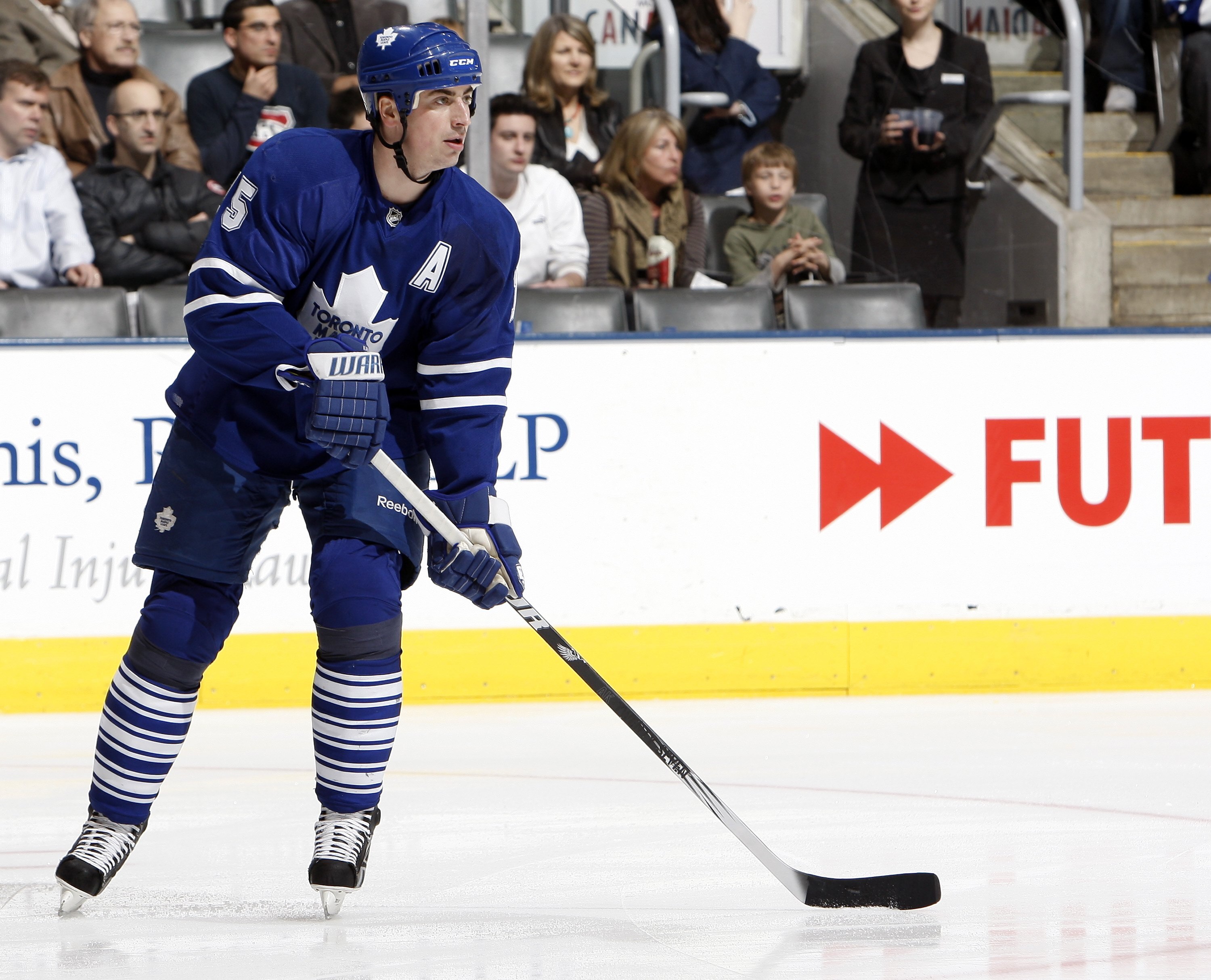 TORONTO - APRIL 6: Tomas Kaberle #15 of the Toronto Maple Leafs skates up the ice during an NHL game against the Philadelphia Flyers at the Air Canada Centre on April 6, 2010 in Toronto, Ontario, Canada. (Photo by Abelimages/Getty Images)