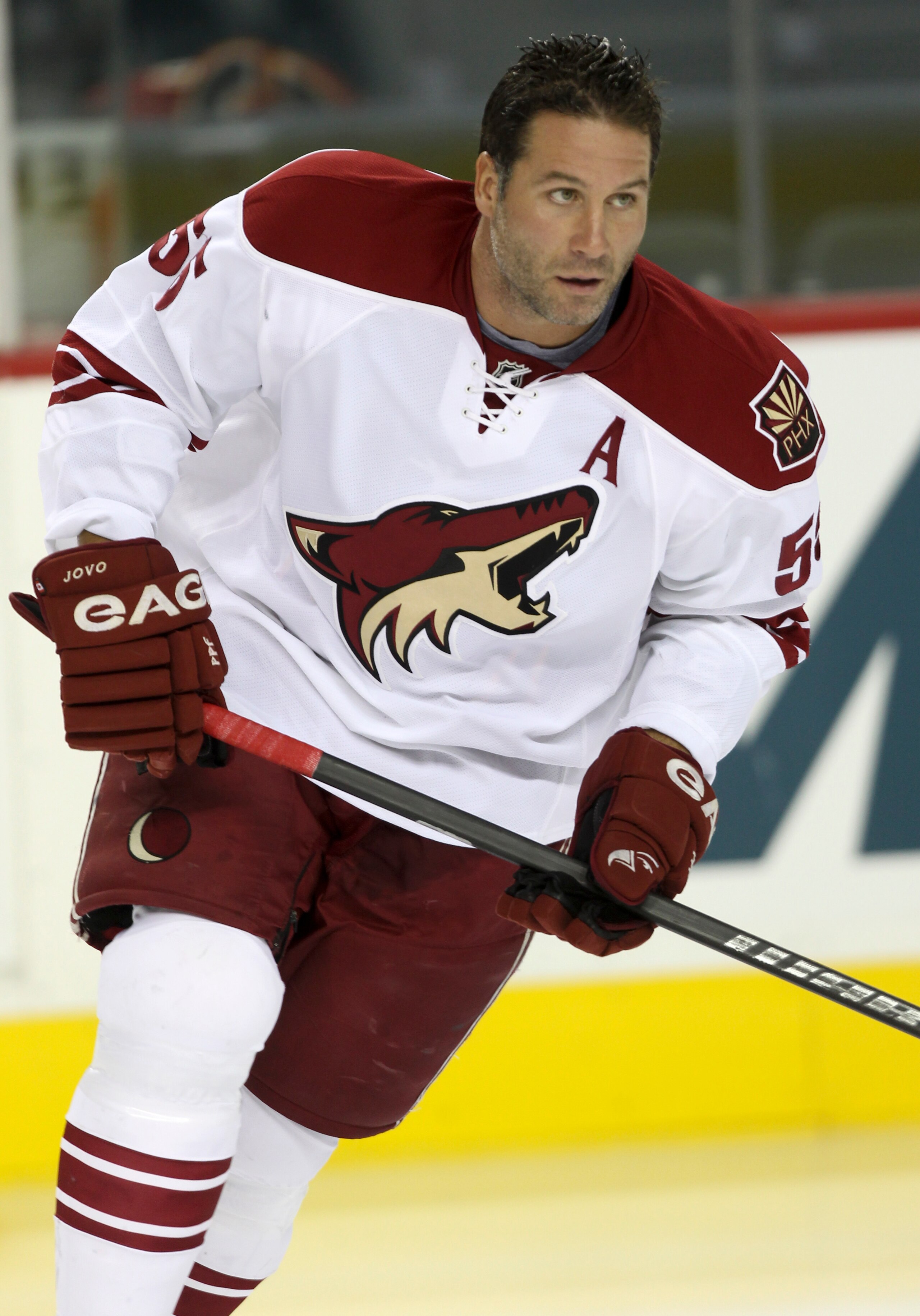 CALGARY, AB - SEPTEMBER 28:  Ed Jovanovski #55 of the Phoenix Coyotes warms up before a preseason game against the Calgary Flames on September 28, 2010 at the Pengrowth Saddledome in Calgary, Alberta, Canada. (Photo by Mike Ridewood/Getty Images)