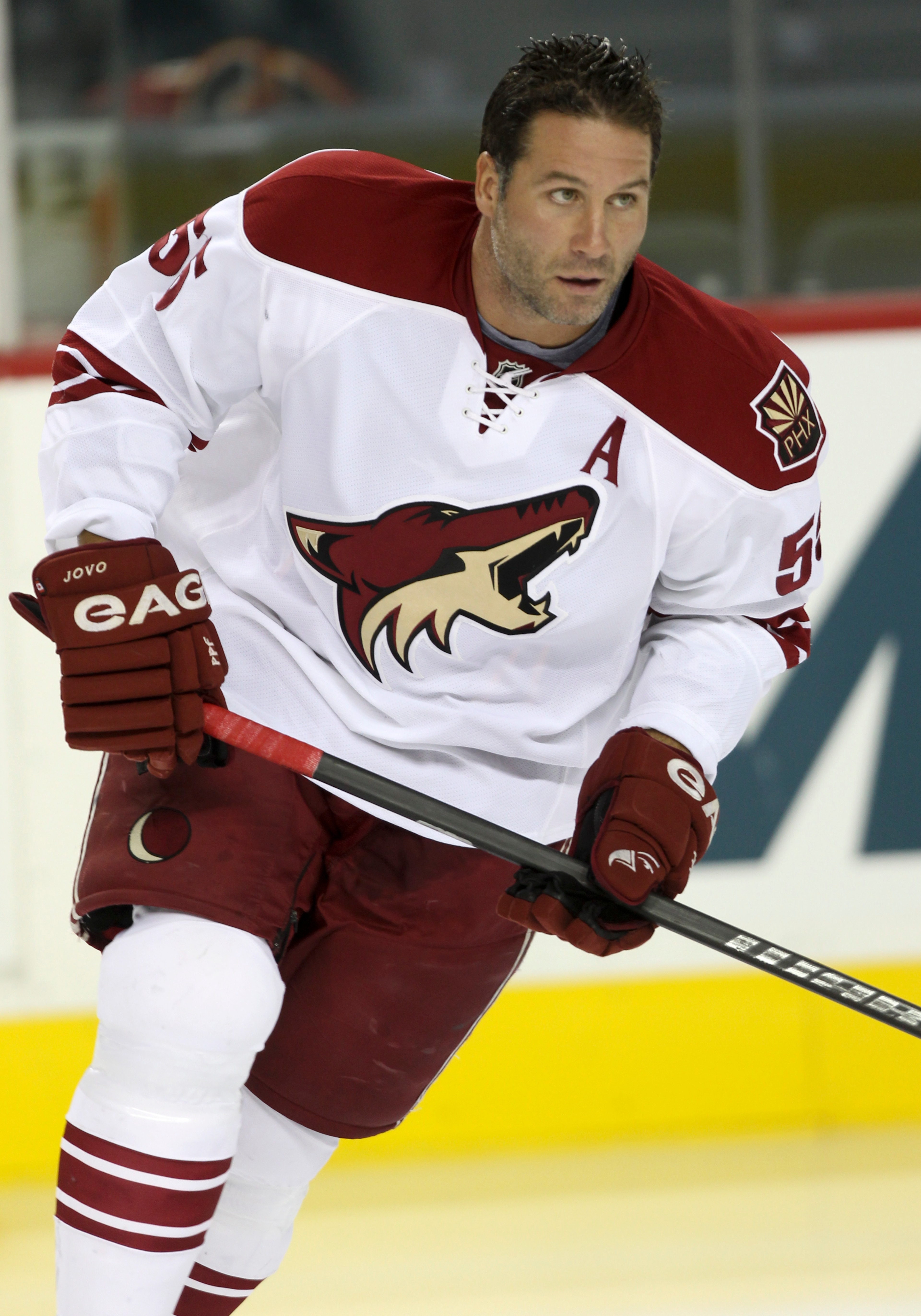CALGARY, AB - SEPTEMBER 28:  Ed Jovanovski #55 of the Phoenix Coyotes warms up before a preseason game against the Calgary Flames on September 28, 2010 at the Pengrowth Saddledome in Calgary, Alberta, Canada. (Photo by Mike Ridewood/Getty Images)