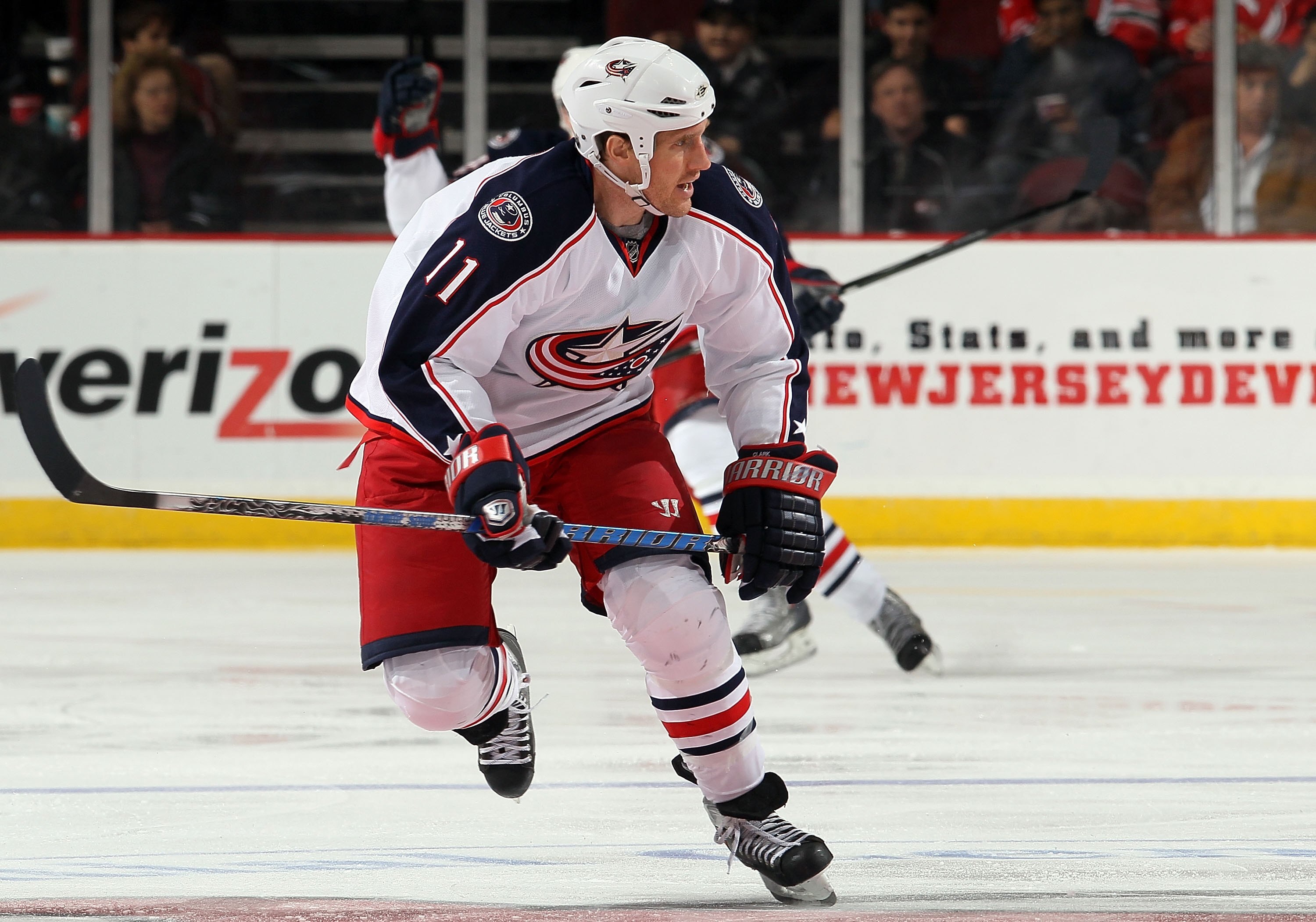 NEWARK, NJ - MARCH 23:  Chris Clark #11 of the Columbus Blue Jackets skates against the New Jersey Devils at the Prudential Center on March 23, 2010 in Newark, New Jersey. The Devils defeated the Blue Jackets 6-3.  (Photo by Jim McIsaac/Getty Images)