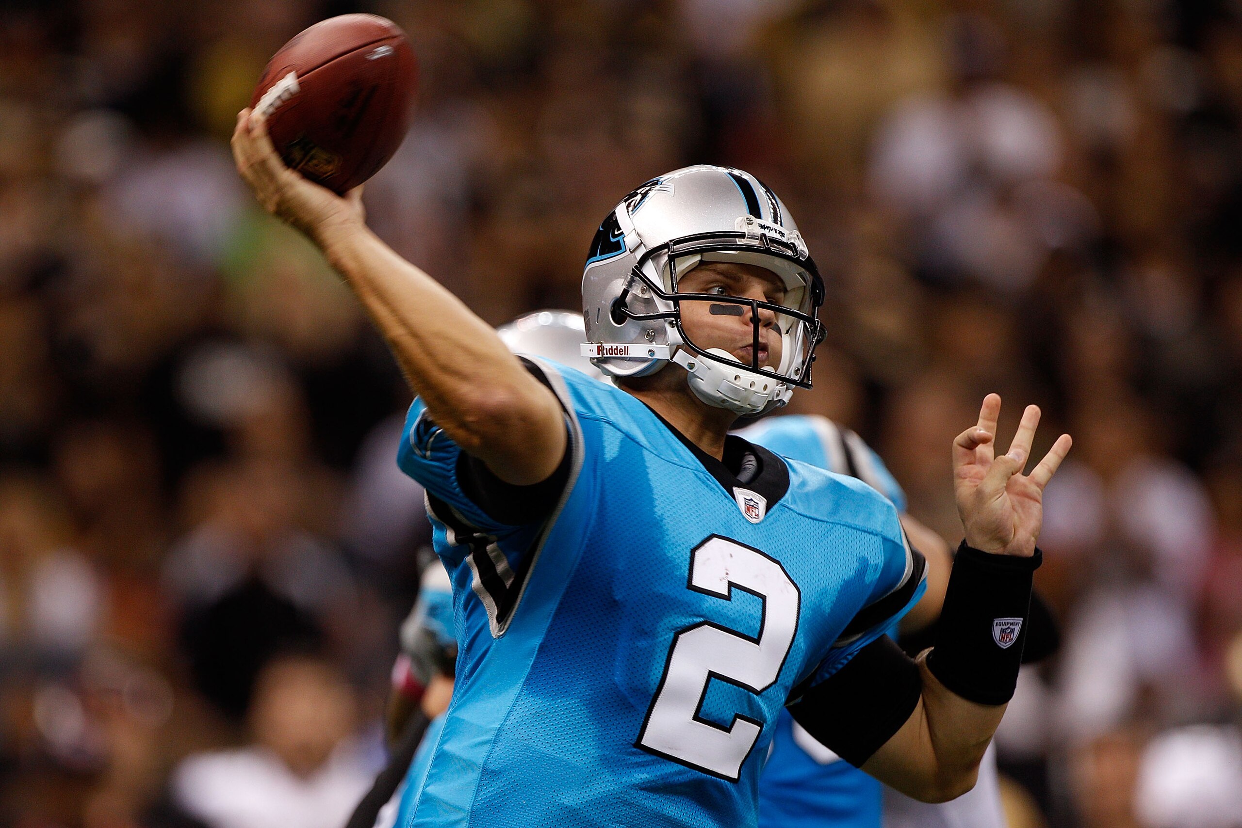 NEW ORLEANS - OCTOBER 03:  Jimmy Clausen #2 of the Carolina Panthers  throws the ball against the New Orleans Saints at the Louisiana Superdome on October 3, 2010 in New Orleans, Louisiana.   The Saints defeated the Panthers 16-14.   (Photo by Chris Grayt