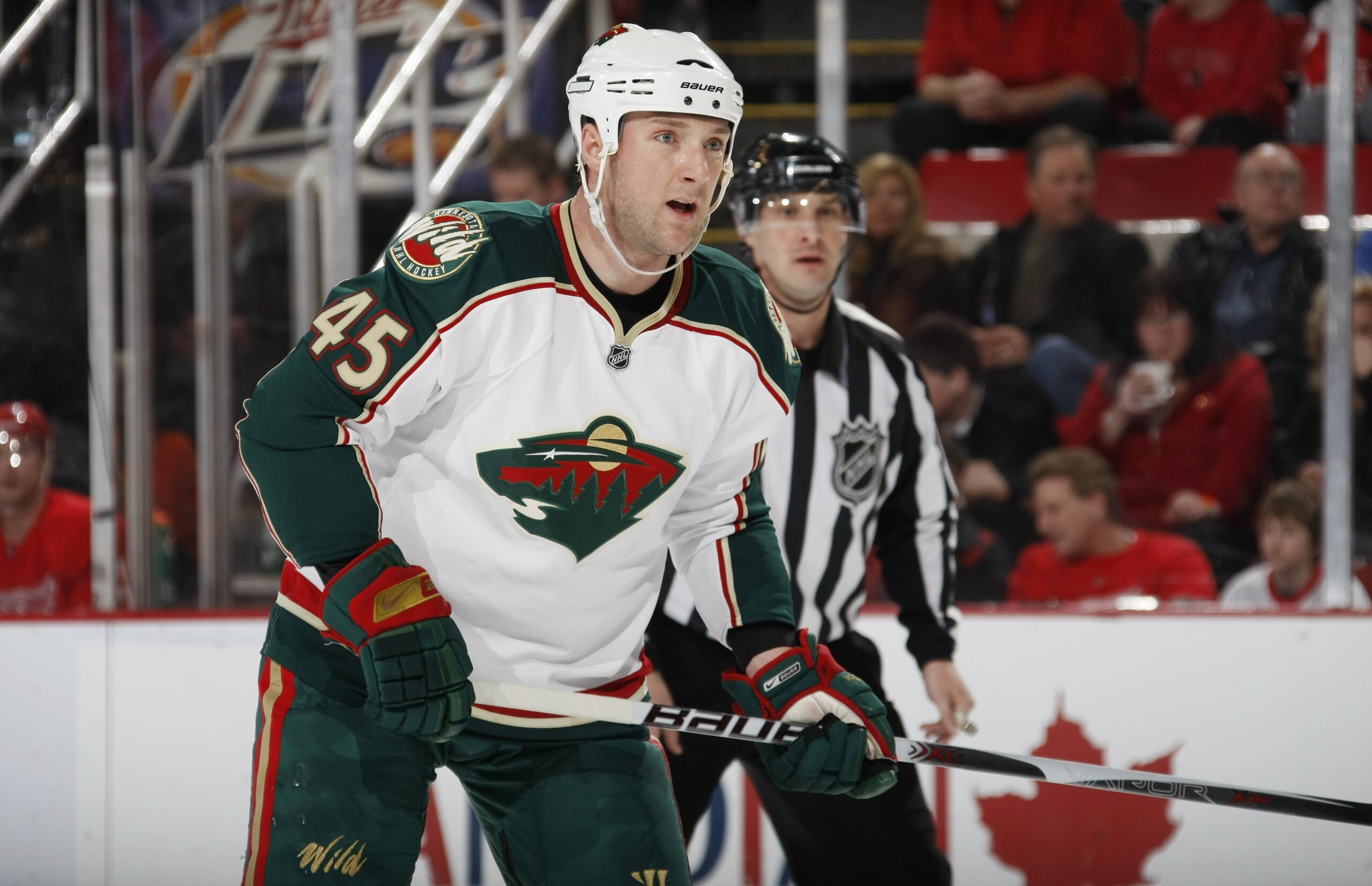 DETROIT - MARCH 11:  Cam Barker #45 of the Minnesota Wild looks for a pass against the Detroit Red Wings during their NHL game on March 11, 2010 at Joe Louis Arena in Detroit, Michigan. (Photo by Gregory Shamus/Getty Images)