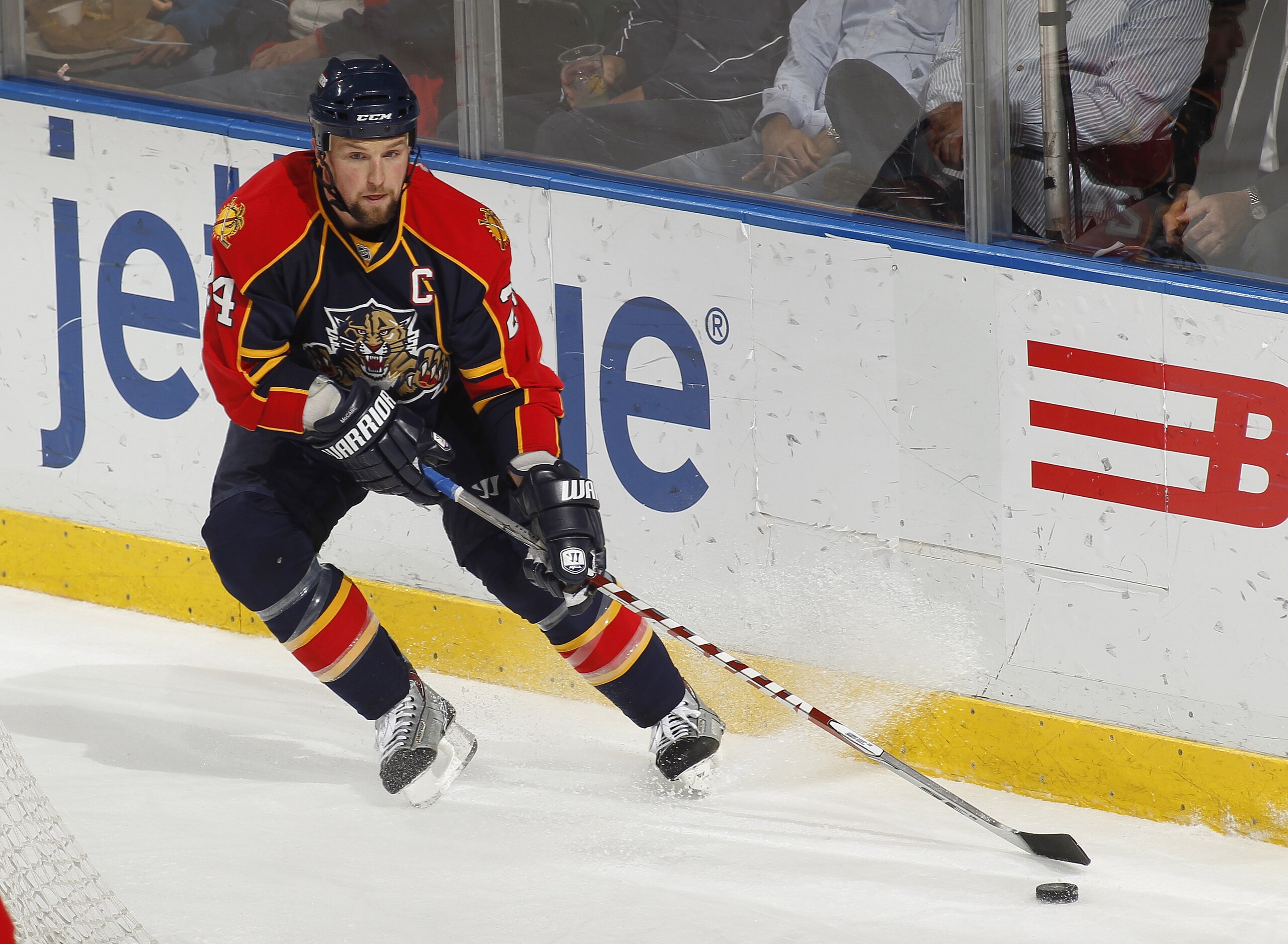 SUNRISE, FL - APRIL 6: Bryan McCabe #24 of the Florida Panthers clears the puck from behind the Panther net against the Ottawa Senators on April 6, 2010 at the BankAtlantic Center in Sunrise, Florida. The Senators defeated the Panthers 5-2. (Photo by Joel