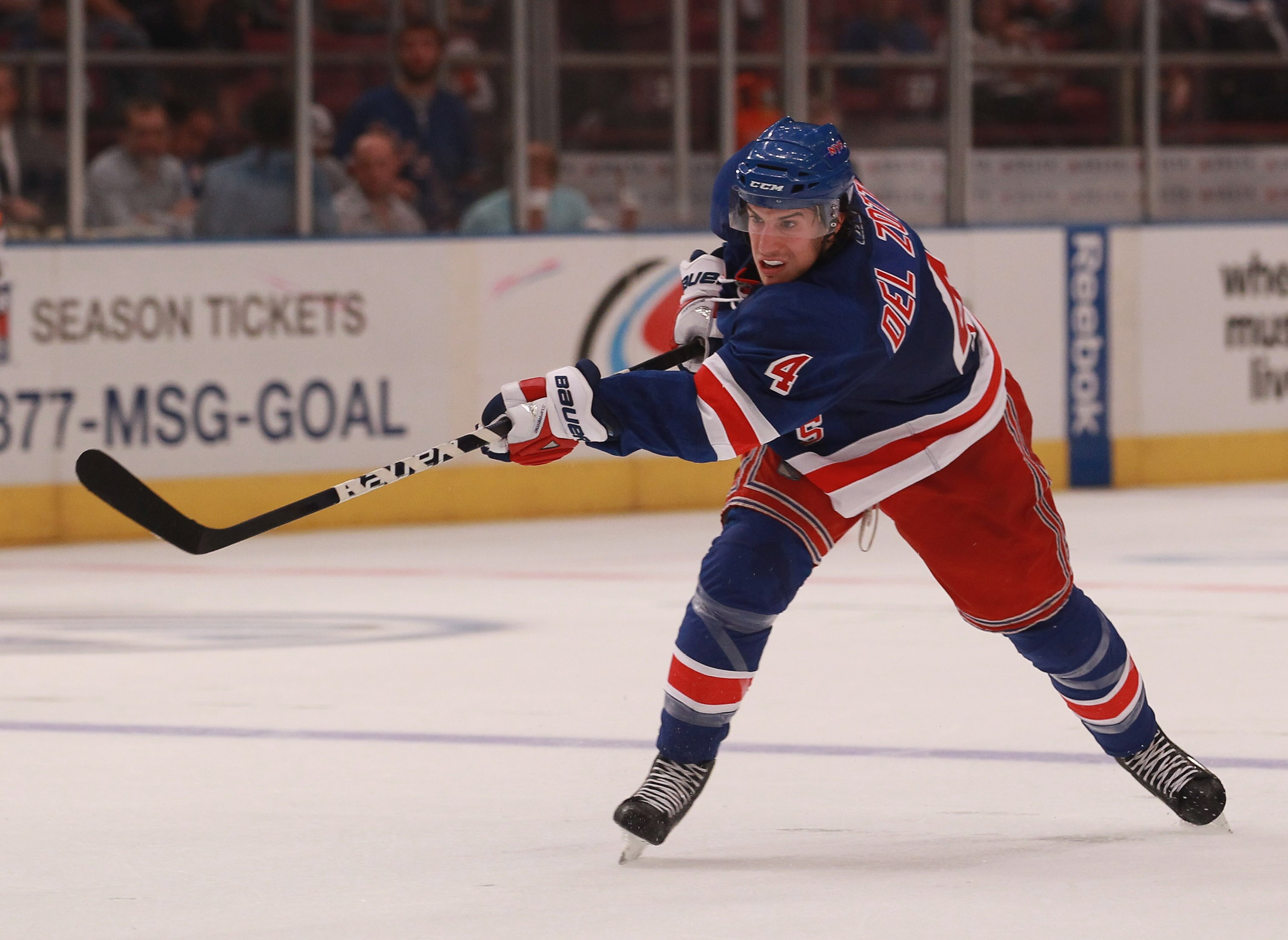 NEW YORK - SEPTEMBER 29:  Michael Del Zotto #4 of the New York Rangers skates against the Detroit Red Wings at Madison Square Garden on September 29, 2010 in New York City. The Rangers defeated the Red Wings 5-1.  (Photo by Bruce Bennett/Getty Images)
