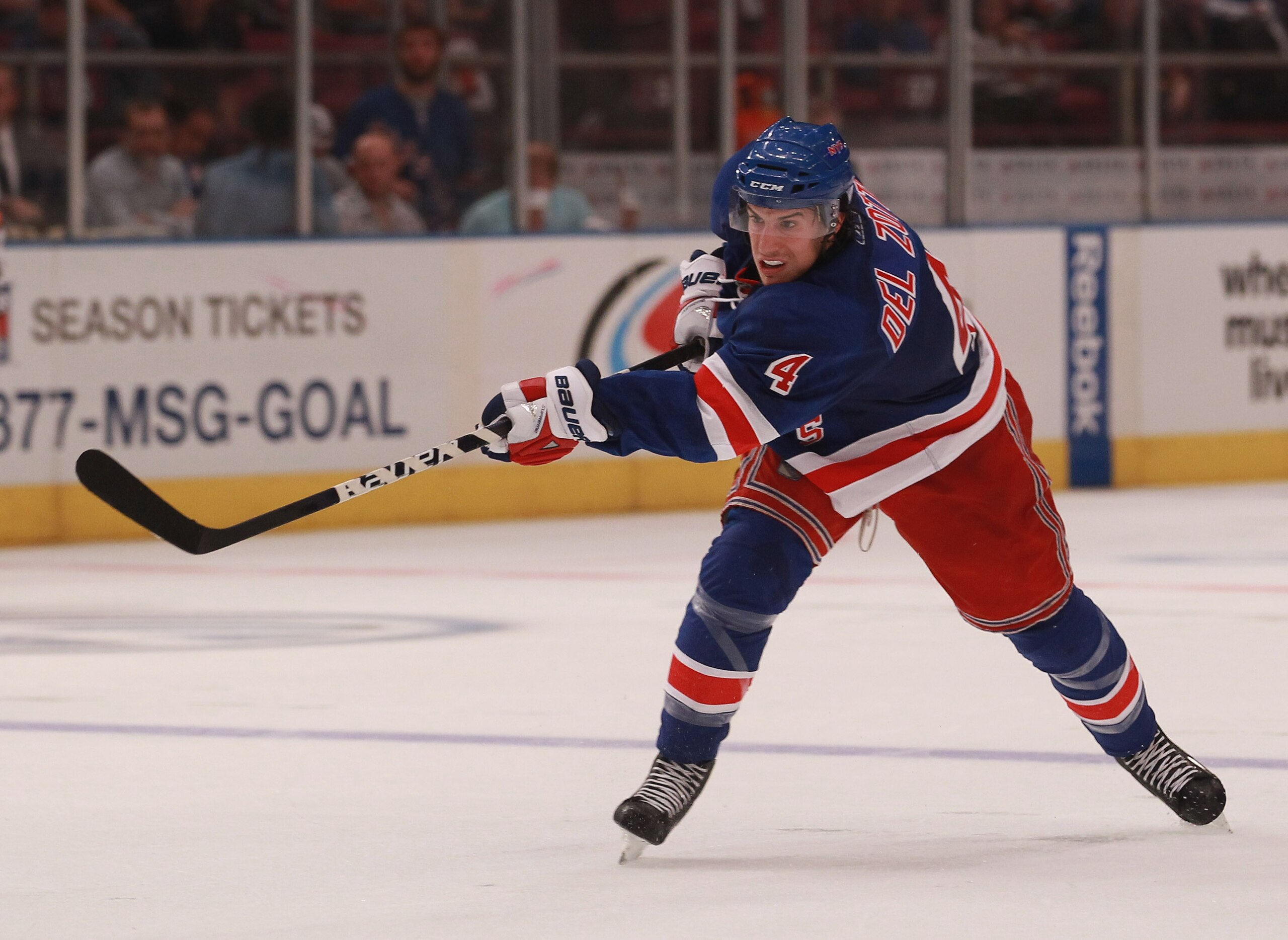 NEW YORK - SEPTEMBER 29:  Michael Del Zotto #4 of the New York Rangers skates against the Detroit Red Wings at Madison Square Garden on September 29, 2010 in New York City. The Rangers defeated the Red Wings 5-1.  (Photo by Bruce Bennett/Getty Images)