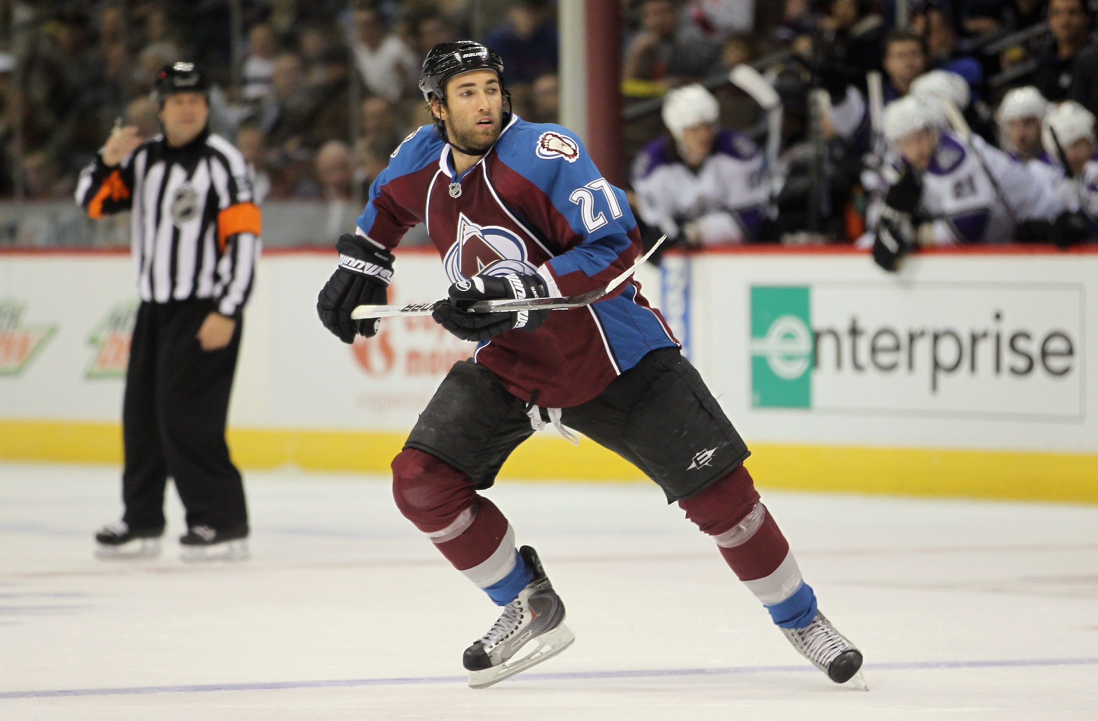 DENVER - SEPTEMBER 22:  Kyle Quincey #27 of the Colorado Avalanche skates against the Los Angeles Kings during preseason NHL action at the Pepsi Center on September 22, 2010 in Denver, Colorado. The Kings defeated the Avalanche 4-2.  (Photo by Doug Pensin