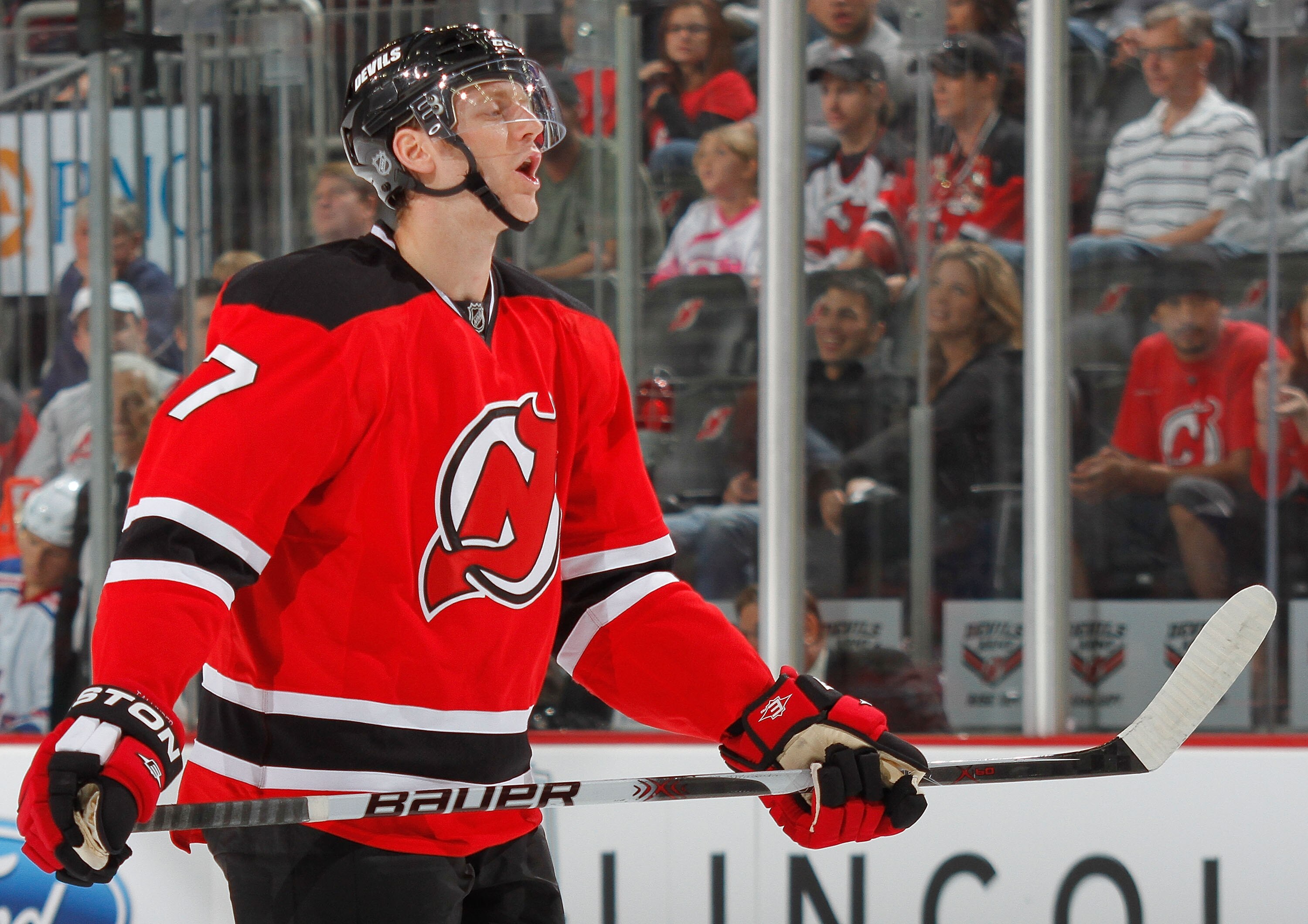 NEWARK, NJ - SEPTEMBER 25:  Henrik Tallinder #7  of the New Jersey Devils during a preseason hockey game against the New York Rangers at the Prudential Center on September 25, 2010 in Newark, New Jersey.  (Photo by Paul Bereswill/Getty Images)