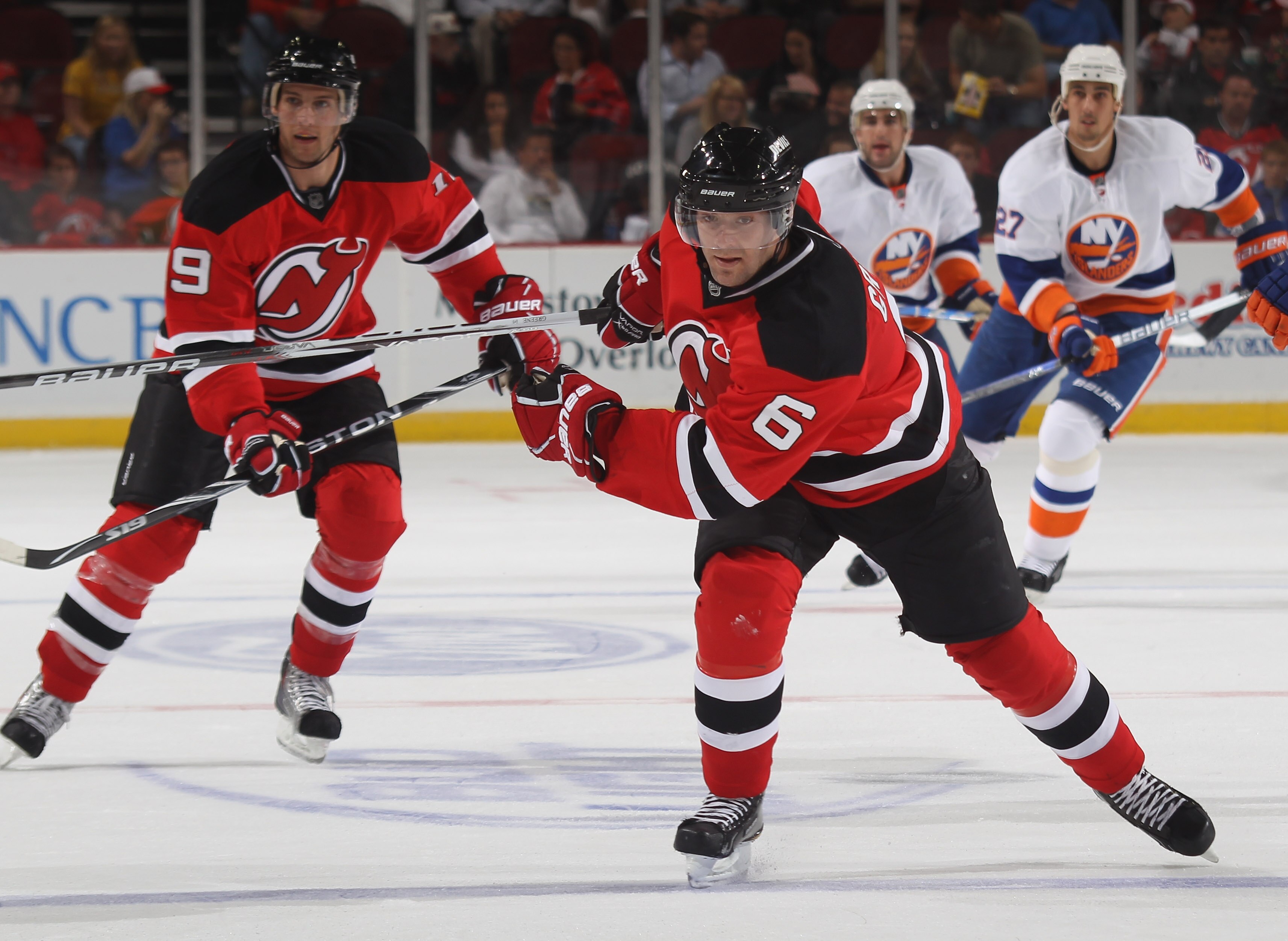 NEWARK, NJ - OCTOBER 01:  Andy Greene #6 of the New Jersey Devils skates against the New York Islanders at the Prudential Center on October 1, 2010 in Newark, New Jersey.The Devils defeated the Islanders 4-3.  (Photo by Bruce Bennett/Getty Images)