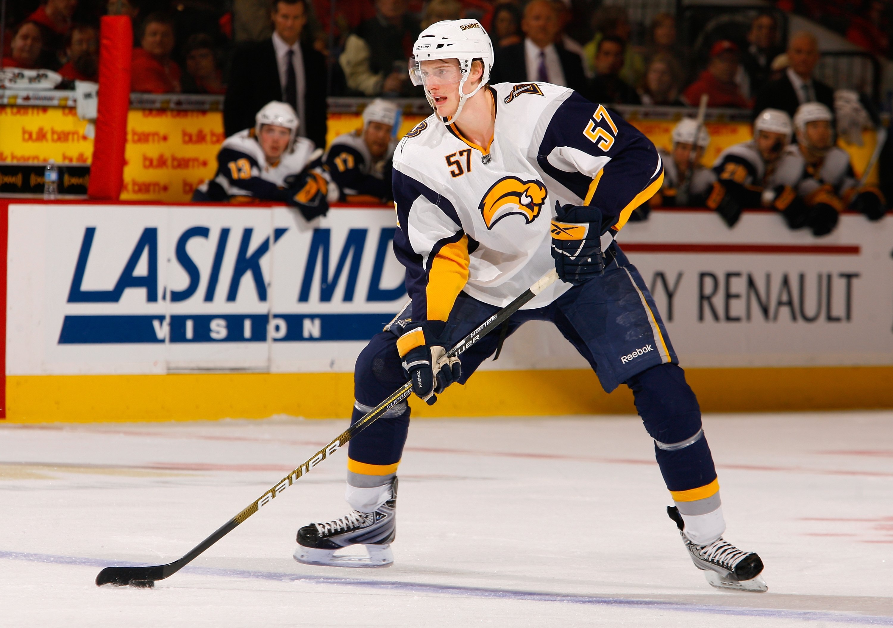 OTTAWA - APRIL 10:  Tyler Myers #57 of the Buffalo Sabres skates against the Ottawa Senators during their NHL game at Scotiabank Place on April 10, 2010 in Ottawa, Ontario, Canada.  The Sabres defeated the Senators 5-2. (Photo by Phillip MacCallum/Getty I