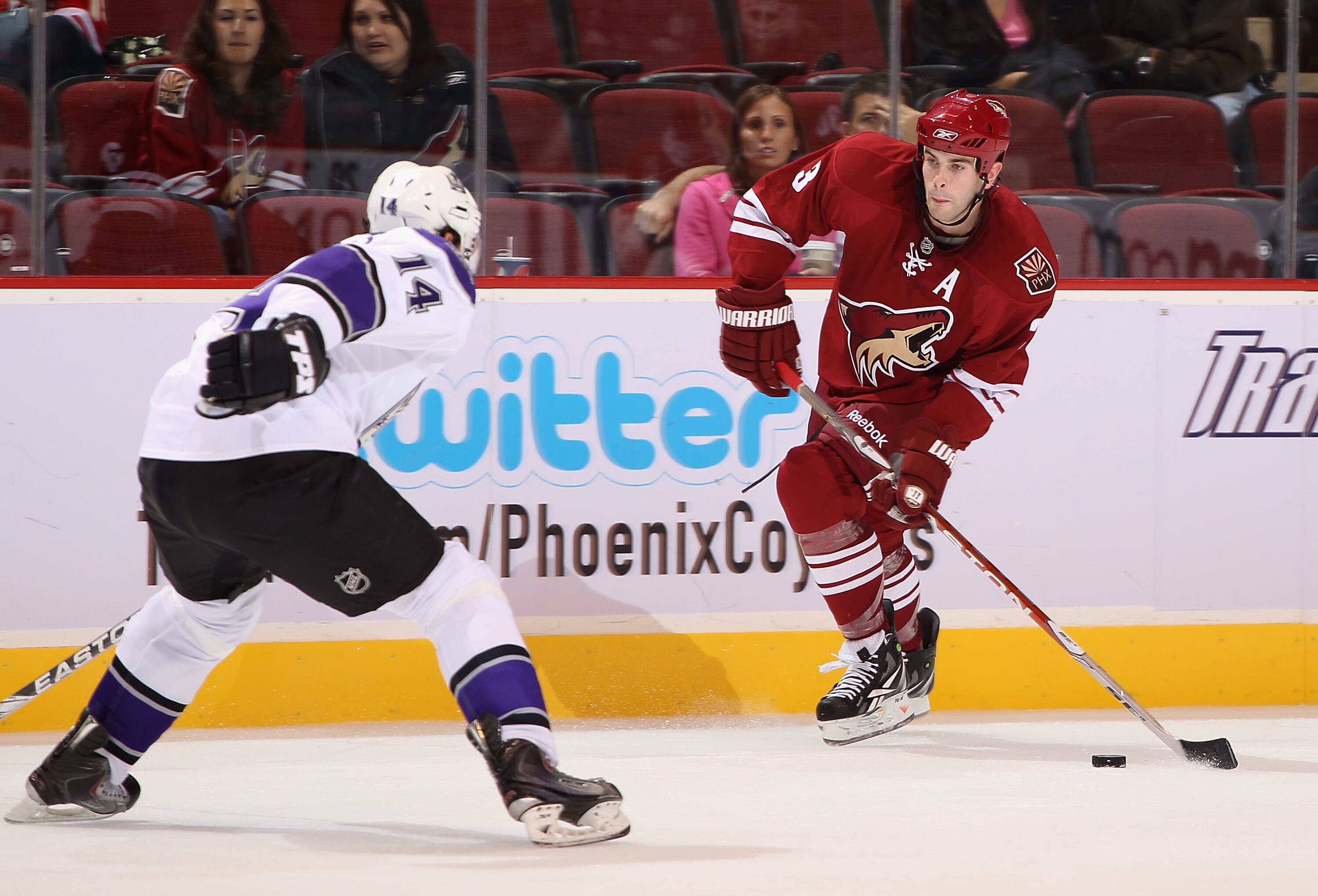 GLENDALE, AZ - SEPTEMBER 23:  Keith Yandle #3 of the Phoenix Coyotes skates with the puck during the preseason NHL game against the Los Angeles Kings at Jobing.com Arena on September 23, 2010 in Glendale, Arizona.  The Coyotes defeated the Kings 2-1 in ov