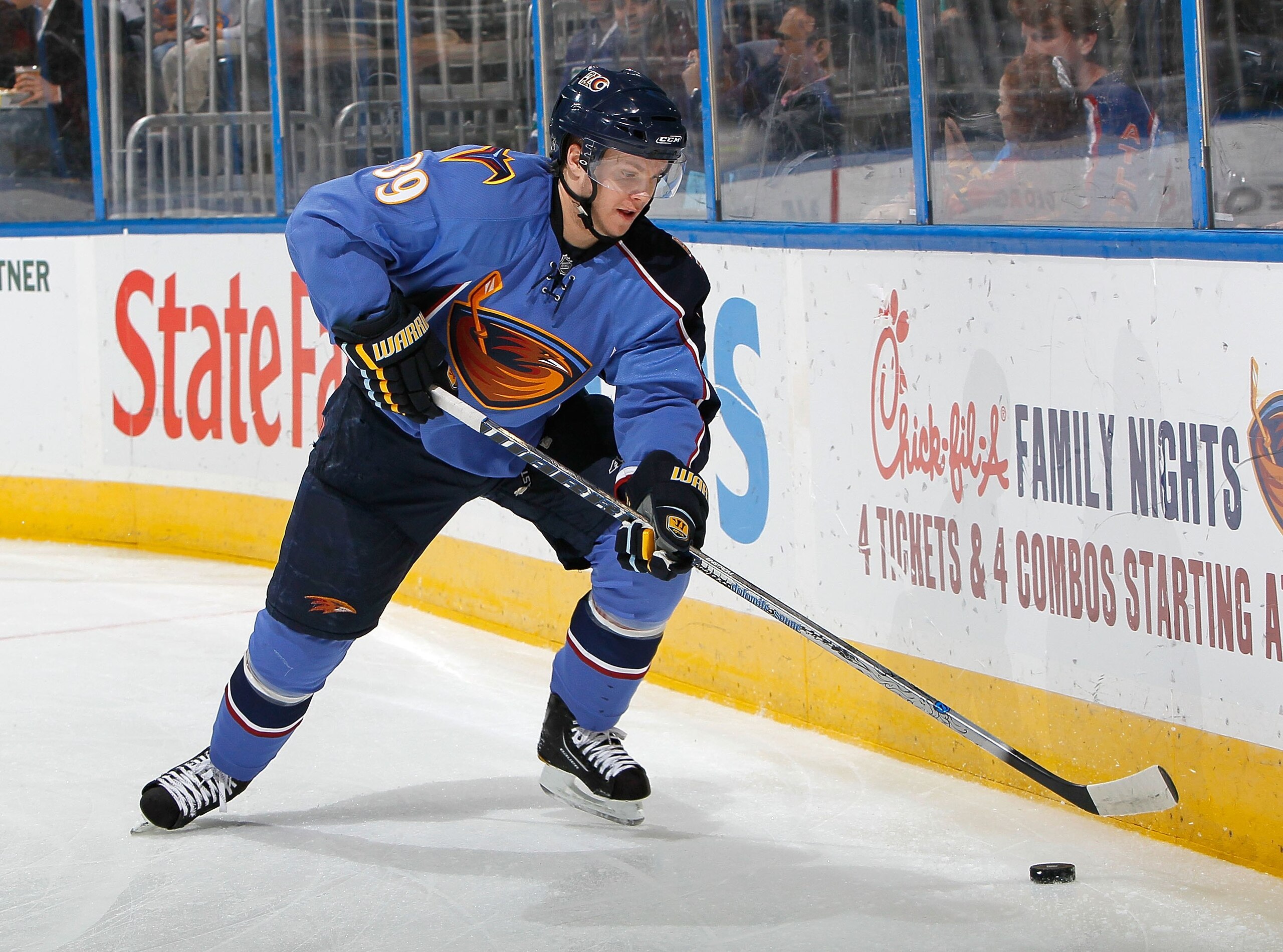 ATLANTA - MARCH 29:  Tobias Enstrom #39 of the Atlanta Thrashers against the Carolina Hurricanes at Philips Arena on March 29, 2010 in Atlanta, Georgia.  (Photo by Kevin C. Cox/Getty Images)